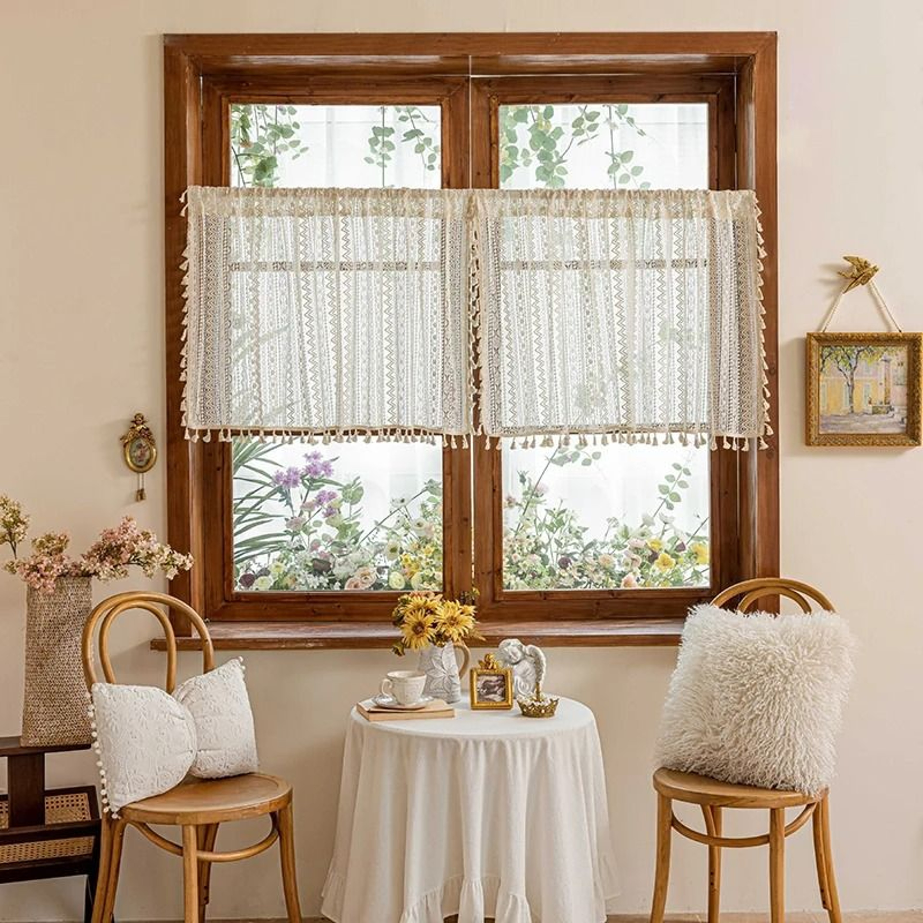 Boho Crochet Lace SemiSheer Window Curtain Panel Hollow Knitted Drapery With Tassels For Living Roo 0