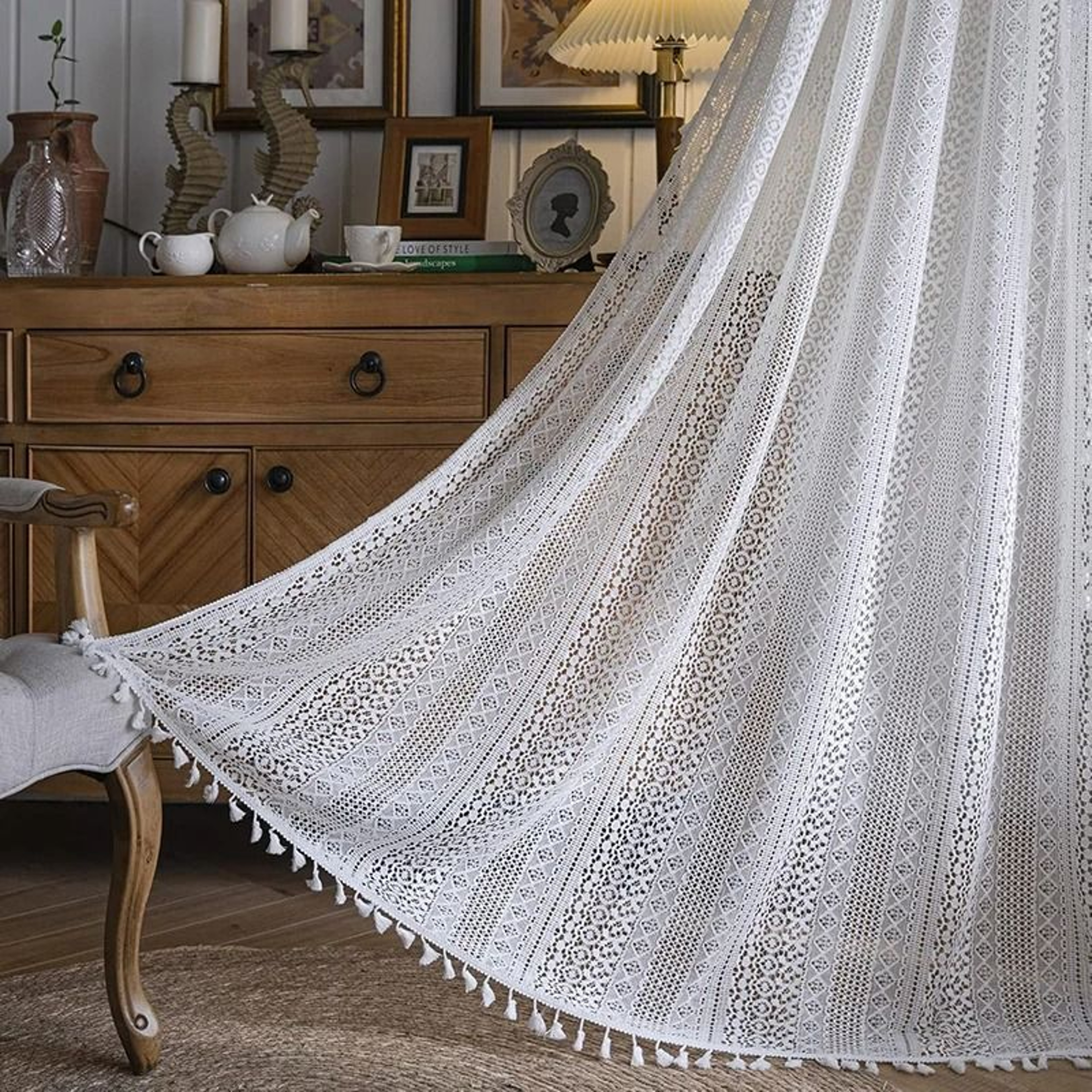 Boho Crochet Lace SemiSheer Window Curtain Panel Hollow Knitted Drapery With Tassels For Living Roo 9