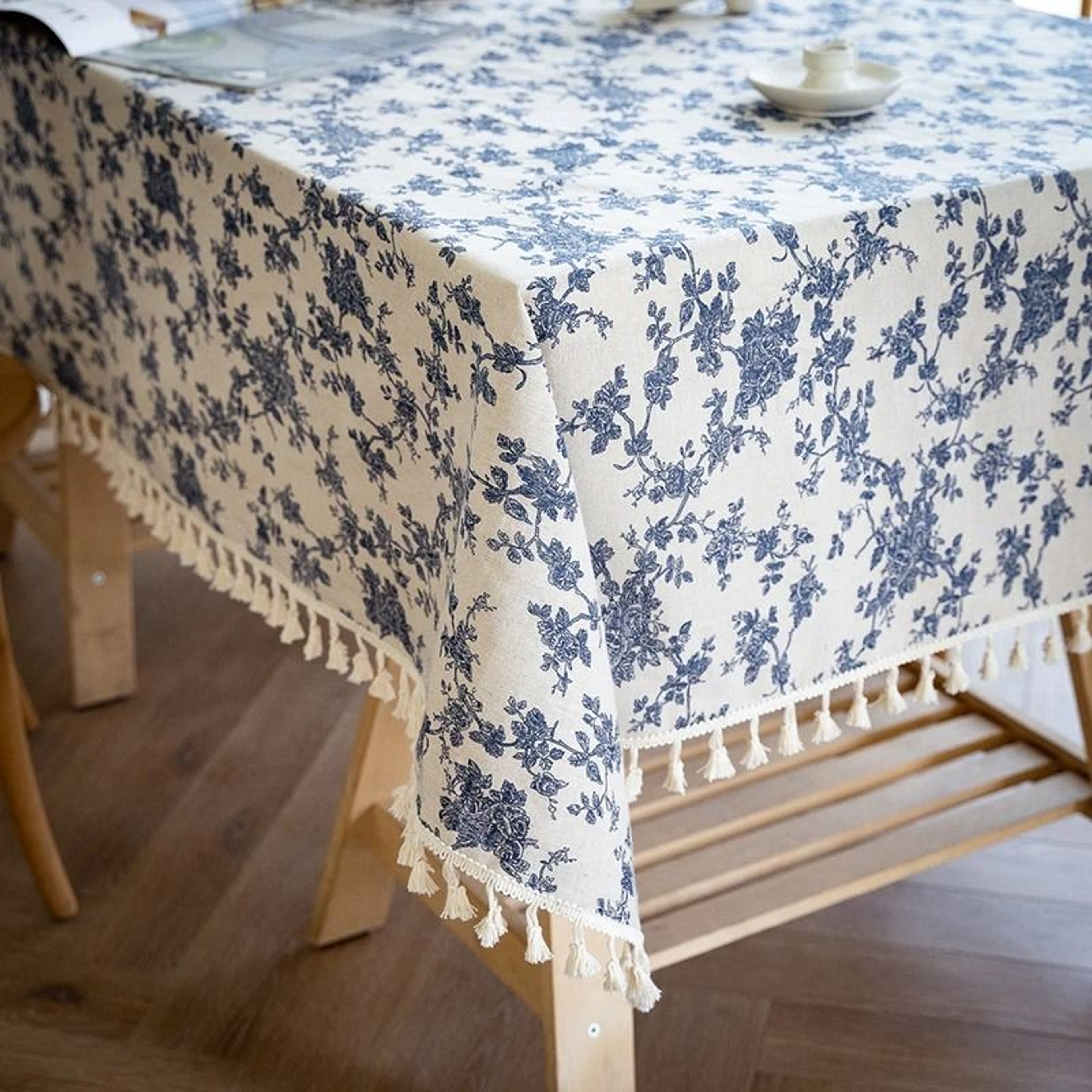 Blue Bohemian Floral Tassel Tablecloth DustProof Rectangle Fabric Cover For Kitchen  Holiday Party 1