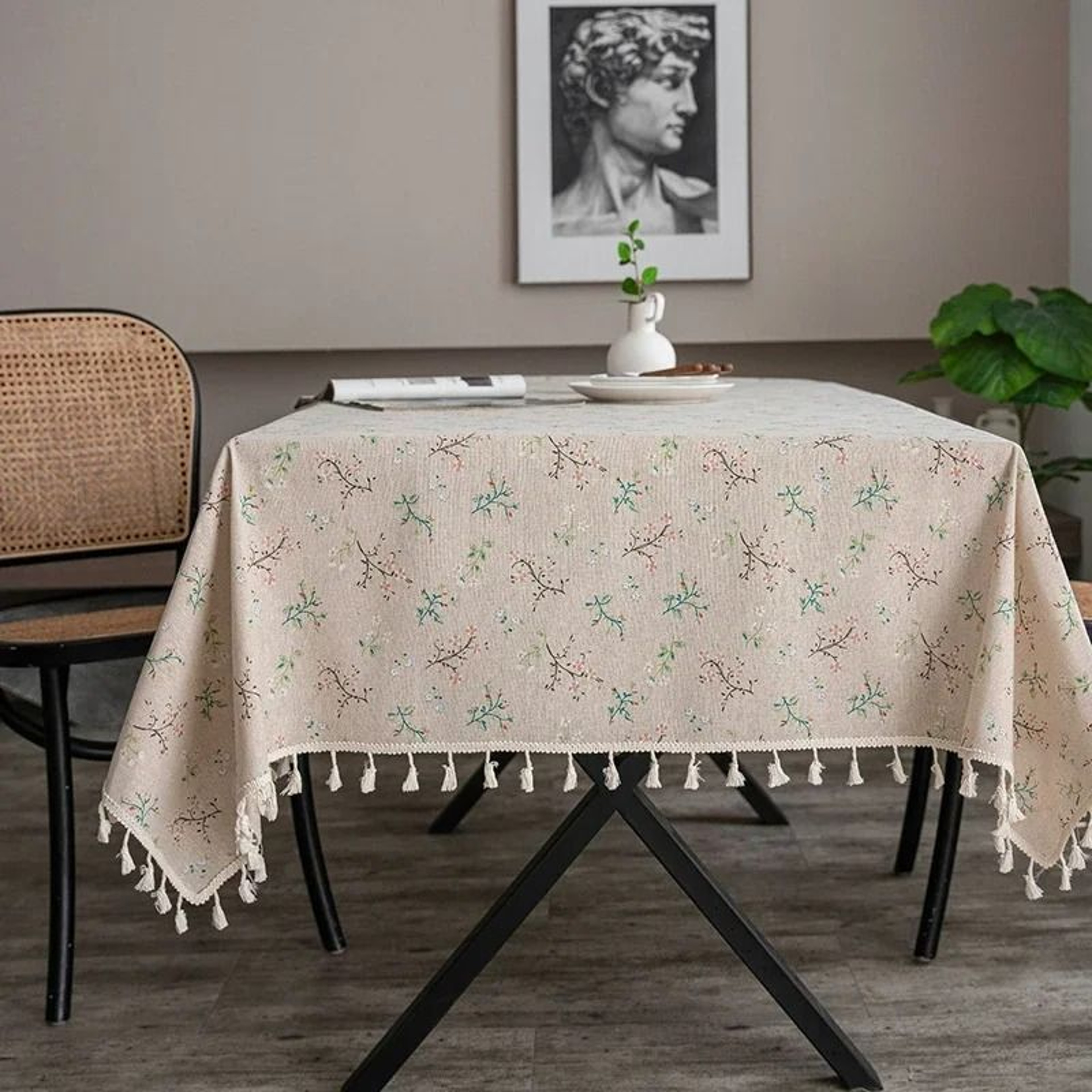 Blue Bohemian Floral Tassel Tablecloth DustProof Rectangle Fabric Cover For Kitchen  Holiday Party 16