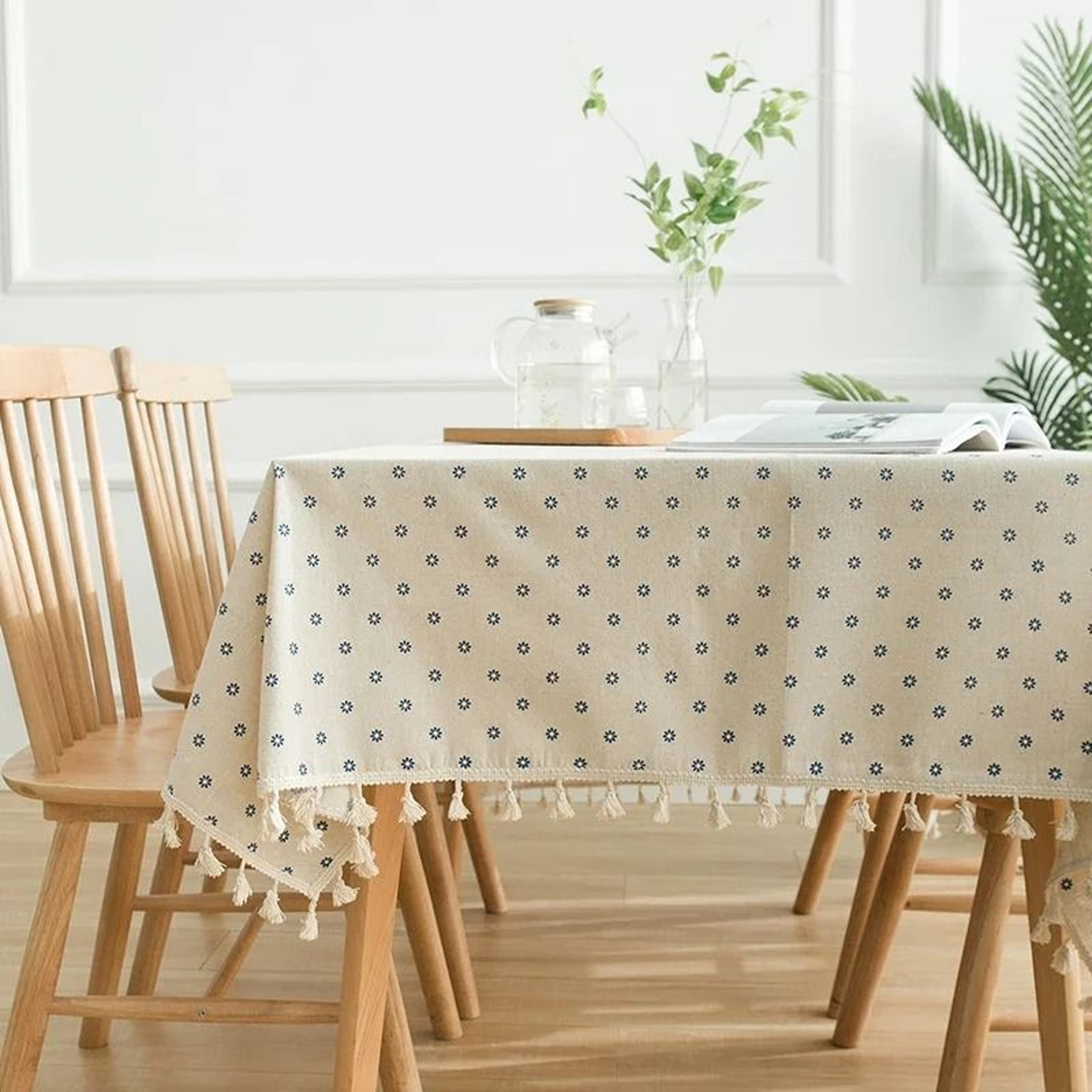 Blue Bohemian Floral Tassel Tablecloth DustProof Rectangle Fabric Cover For Kitchen  Holiday Party 9