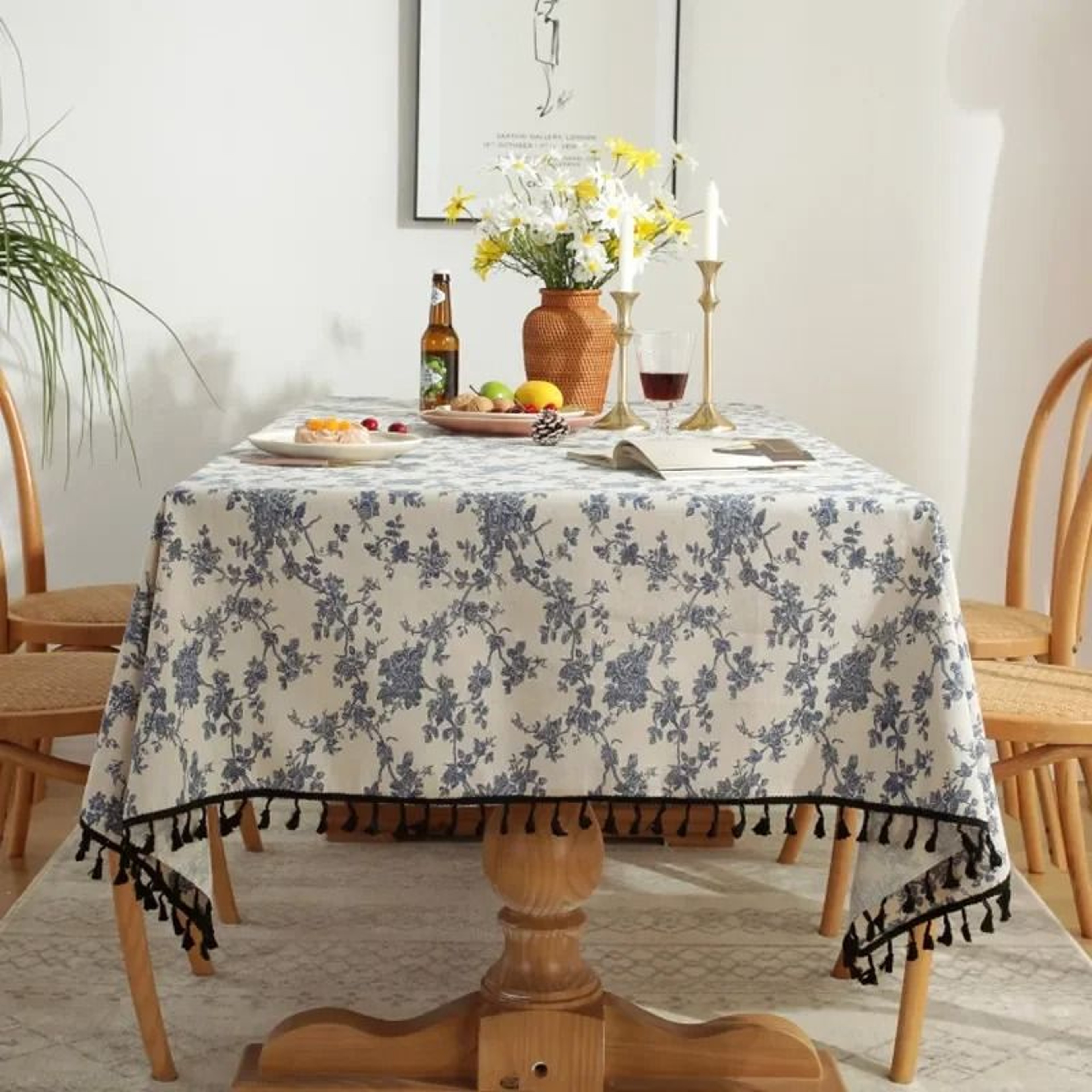 Blue Bohemian Floral Tassel Tablecloth DustProof Rectangle Fabric Cover For Kitchen  Holiday Party 7