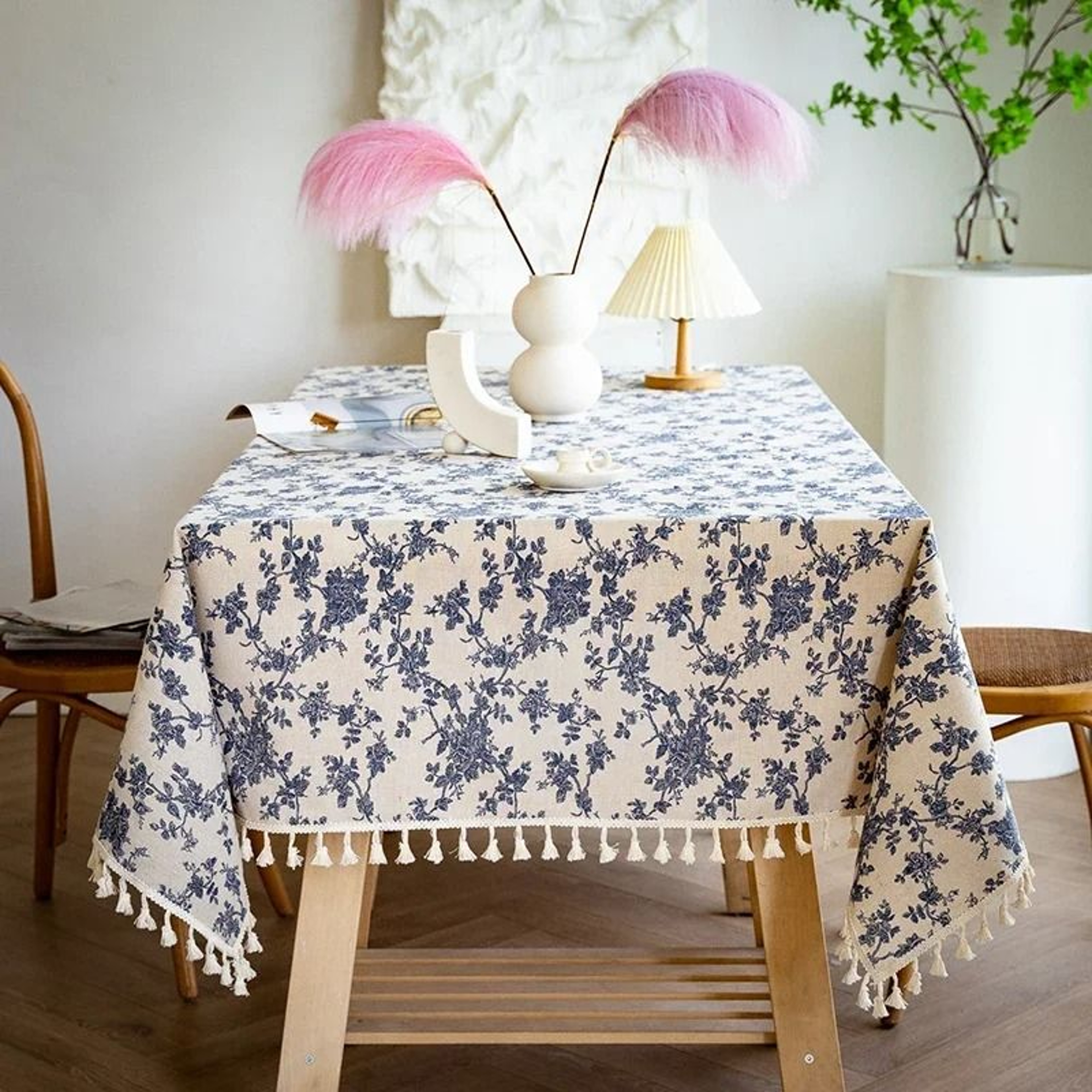 Blue Bohemian Floral Tassel Tablecloth DustProof Rectangle Fabric Cover For Kitchen  Holiday Party 15