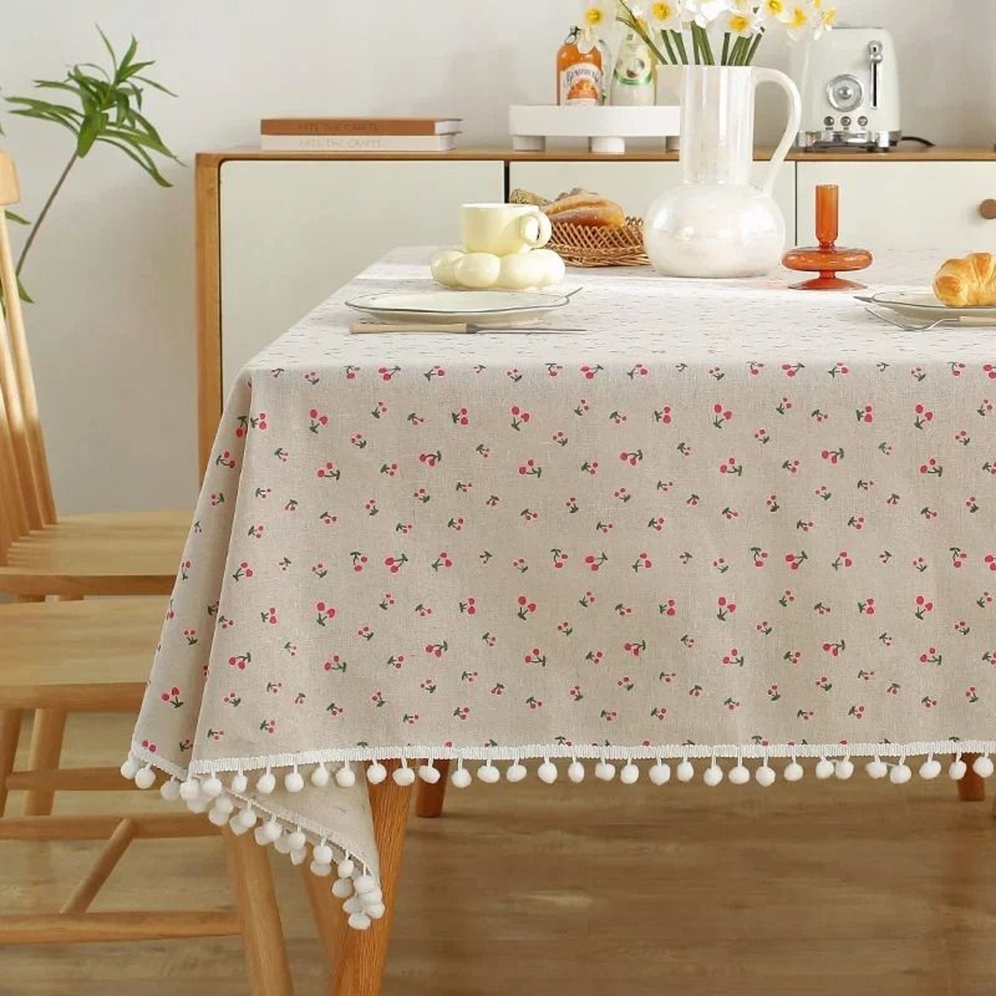 Blue Bohemian Floral Tassel Tablecloth DustProof Rectangle Fabric Cover For Kitchen  Holiday Party 11