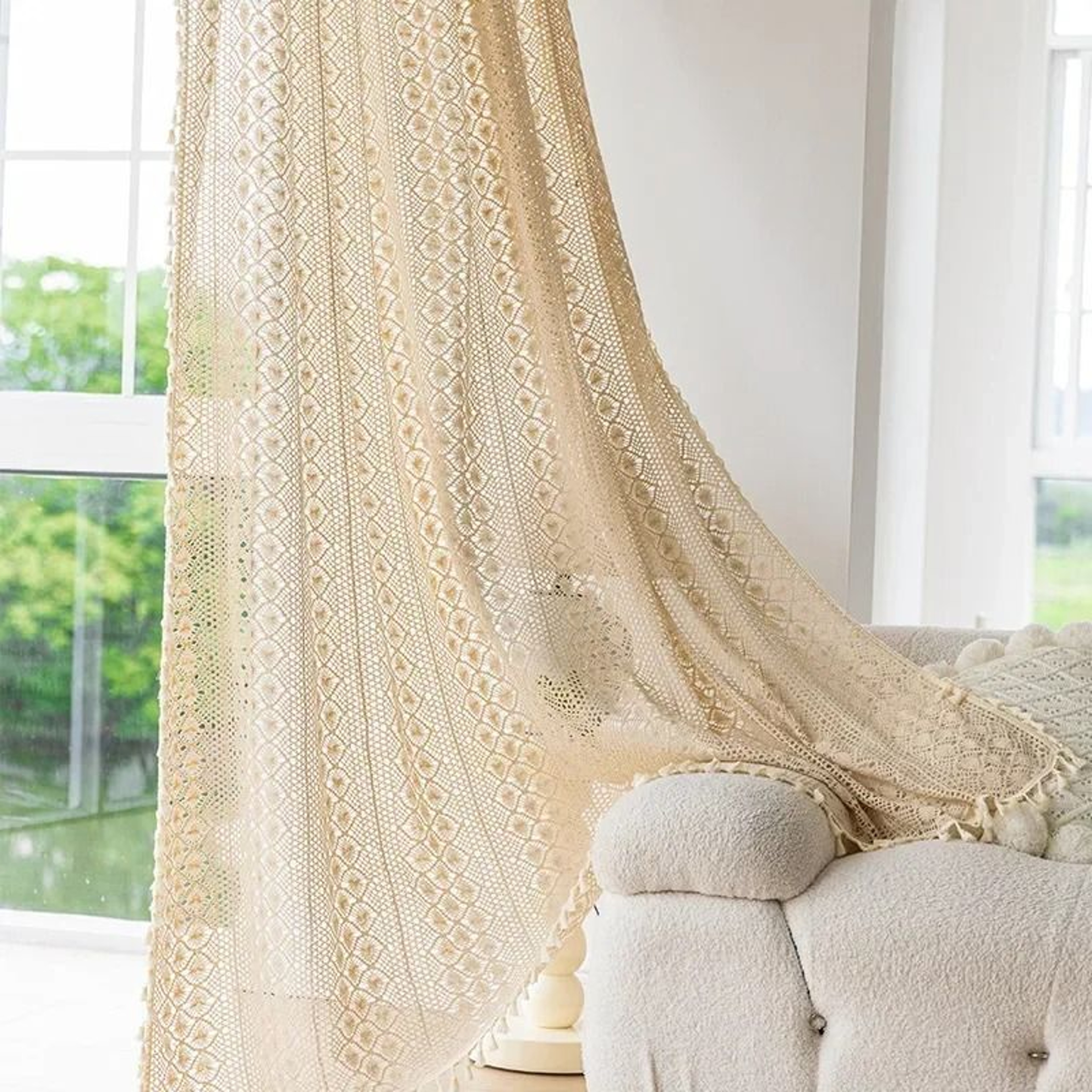 1 Panel Boho Handmade Crochet Curtain Vintage Farmhouse HollowOut Knitted Lace Light Filtering Wind 5
