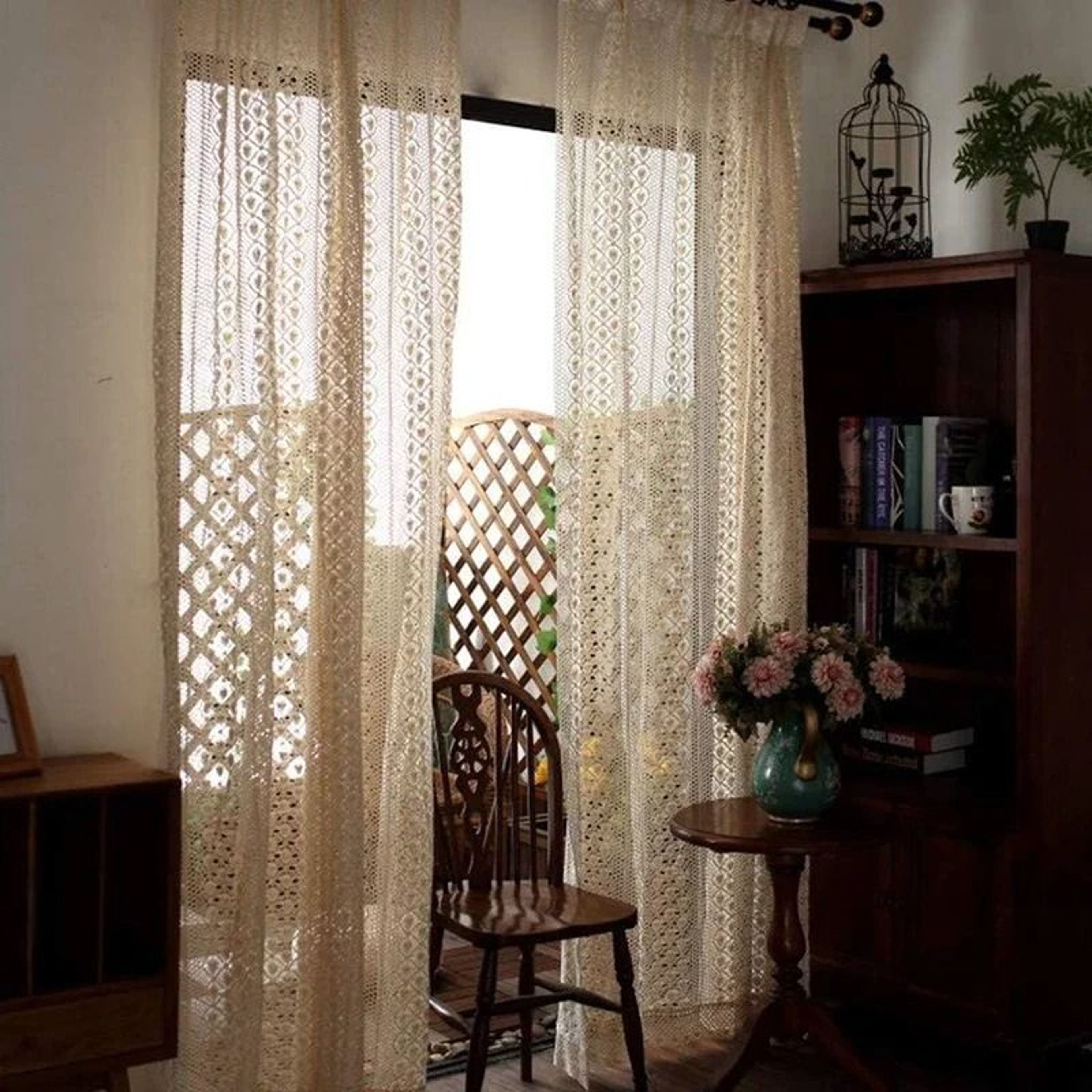 1 Panel Boho Handmade Crochet Curtain Vintage Farmhouse HollowOut Knitted Lace Light Filtering Wind 1