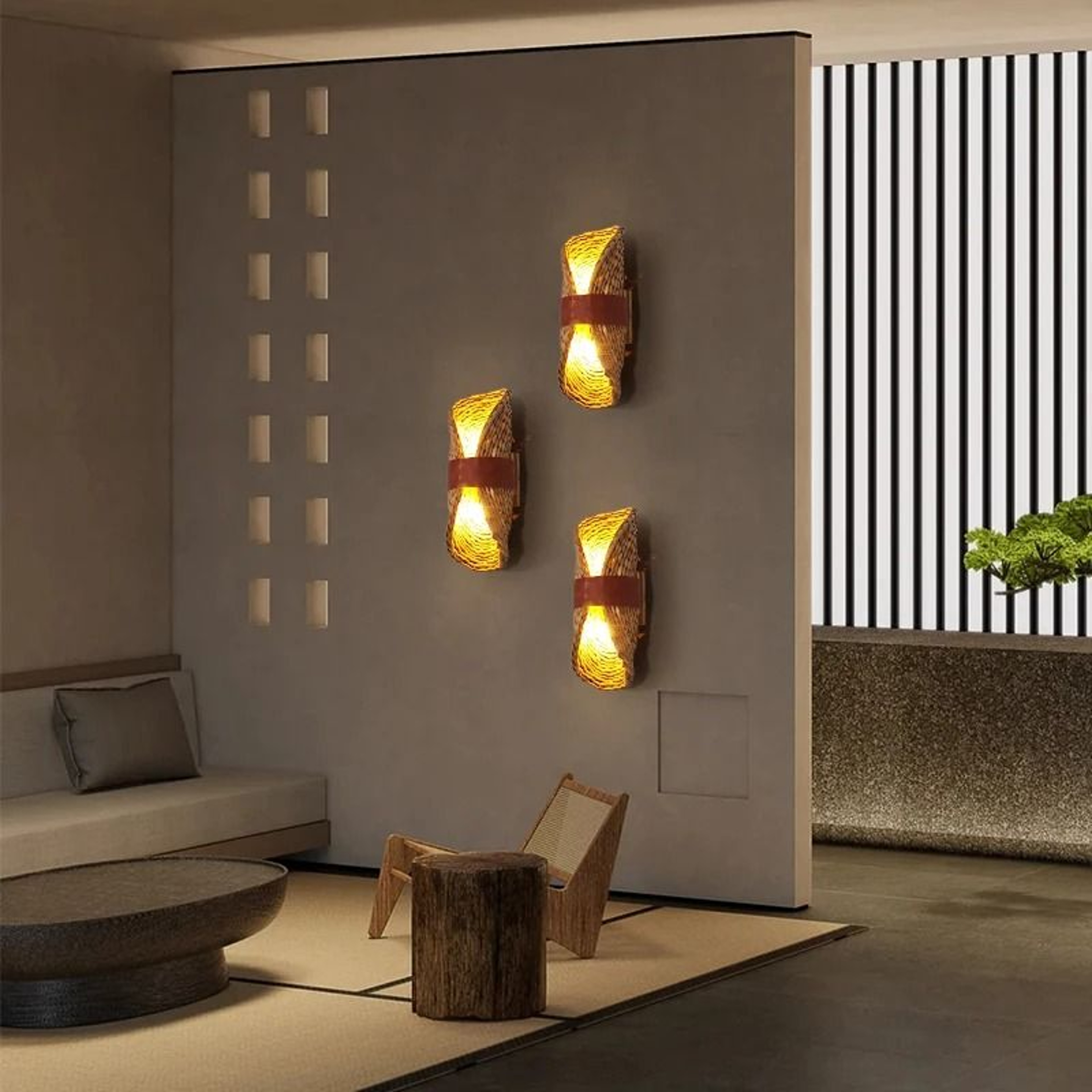 Hand Woven Rattan Wall Lamp Japanese Retro WabiSabi Style Natural Material Sconce For Tea Room Bedr 1