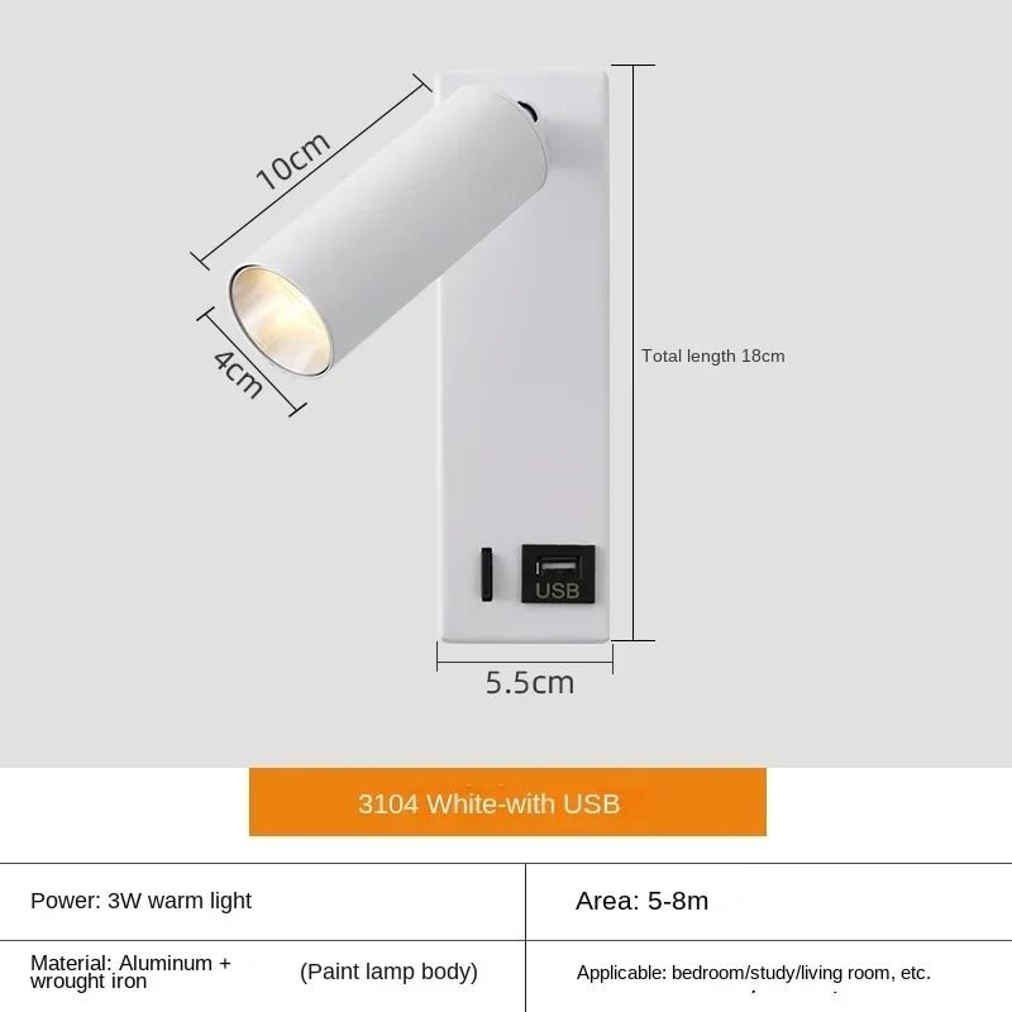 LED Bedside Wall Mounted Reading Light With USB Charging Port And Rotatable Spotlight 10