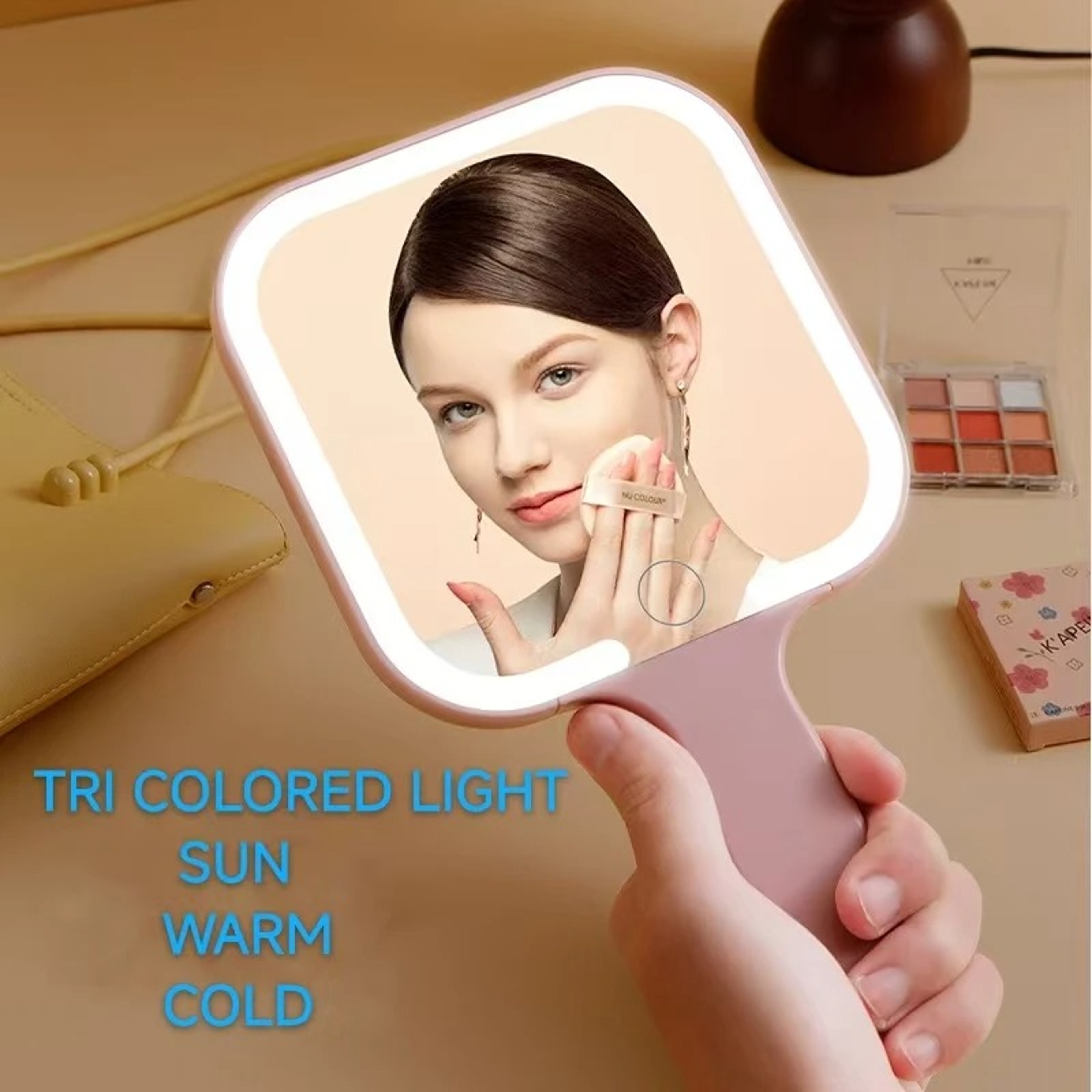 Compact LED Handheld Makeup Mirror With 3 Color Dimmable Lights 4