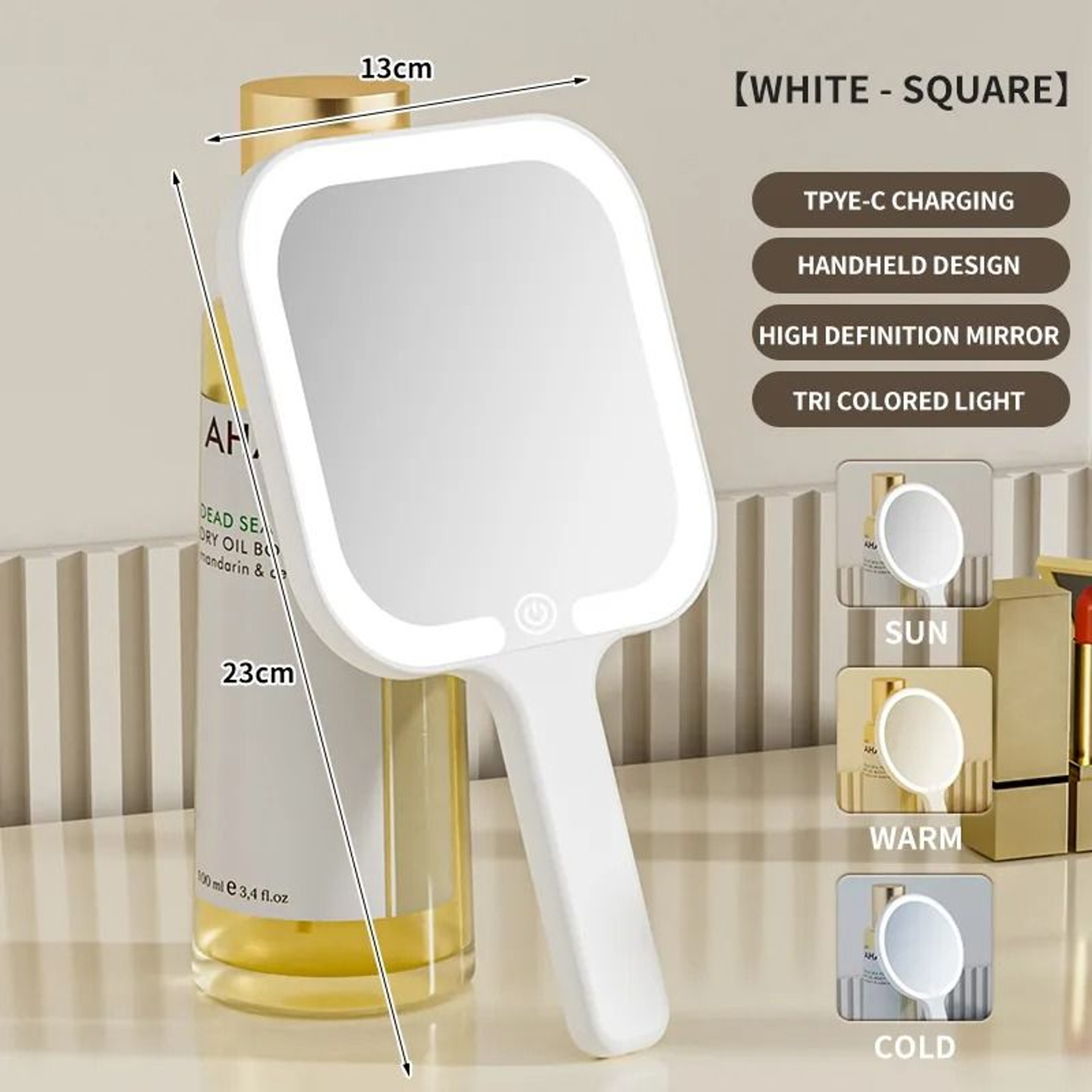 Compact LED Handheld Makeup Mirror With 3 Color Dimmable Lights 1