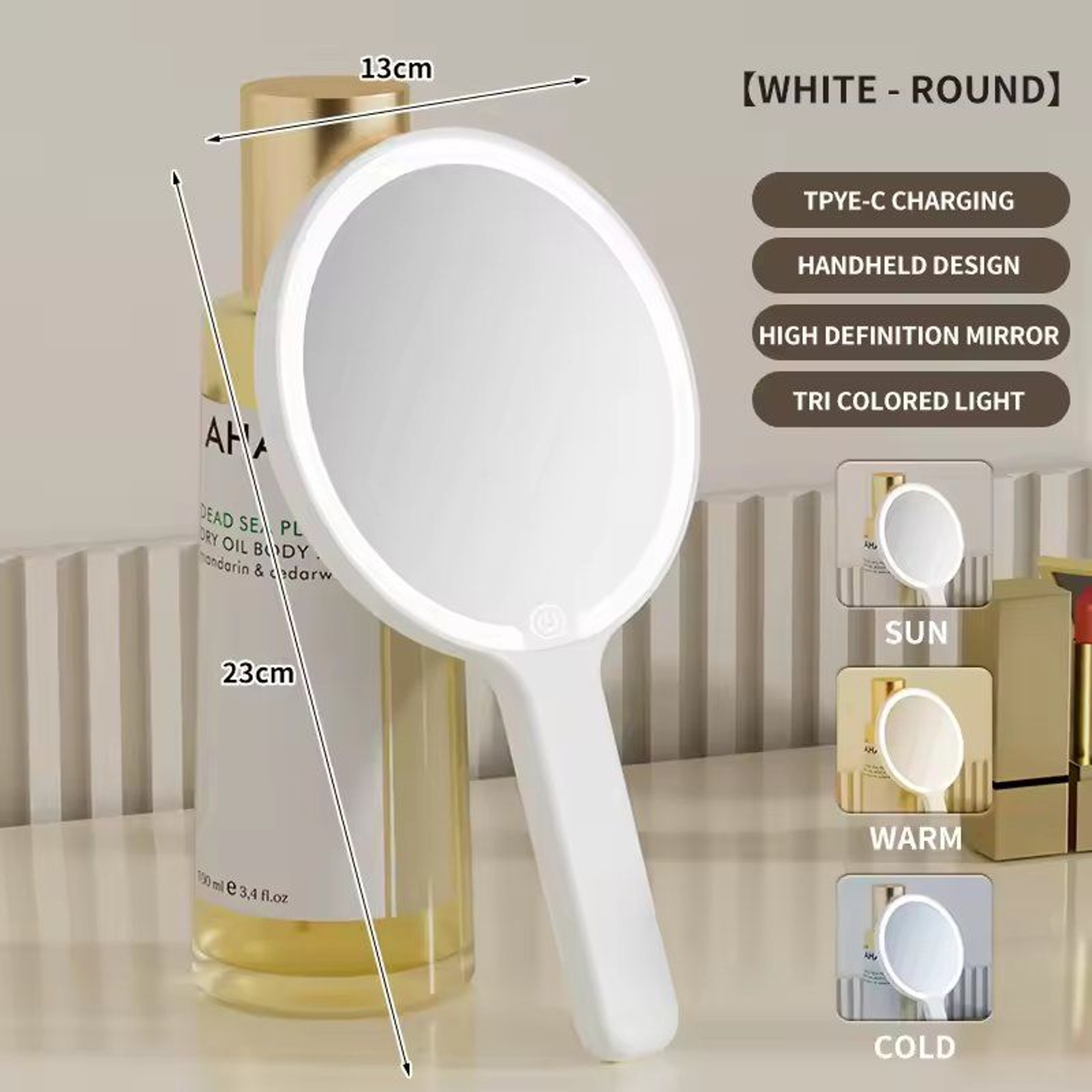 Compact LED Handheld Makeup Mirror With 3 Color Dimmable Lights 9
