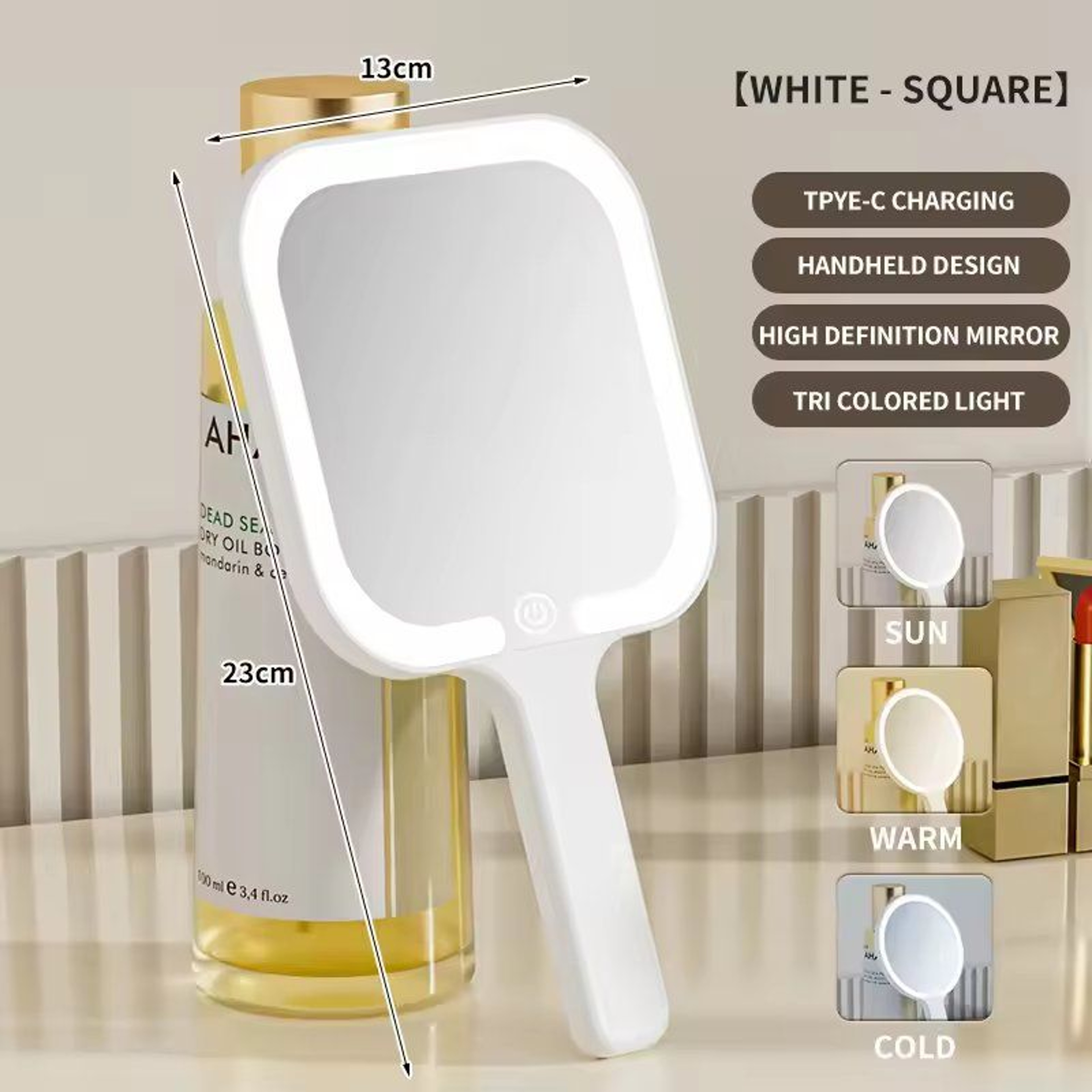 Compact LED Handheld Makeup Mirror With 3 Color Dimmable Lights 6