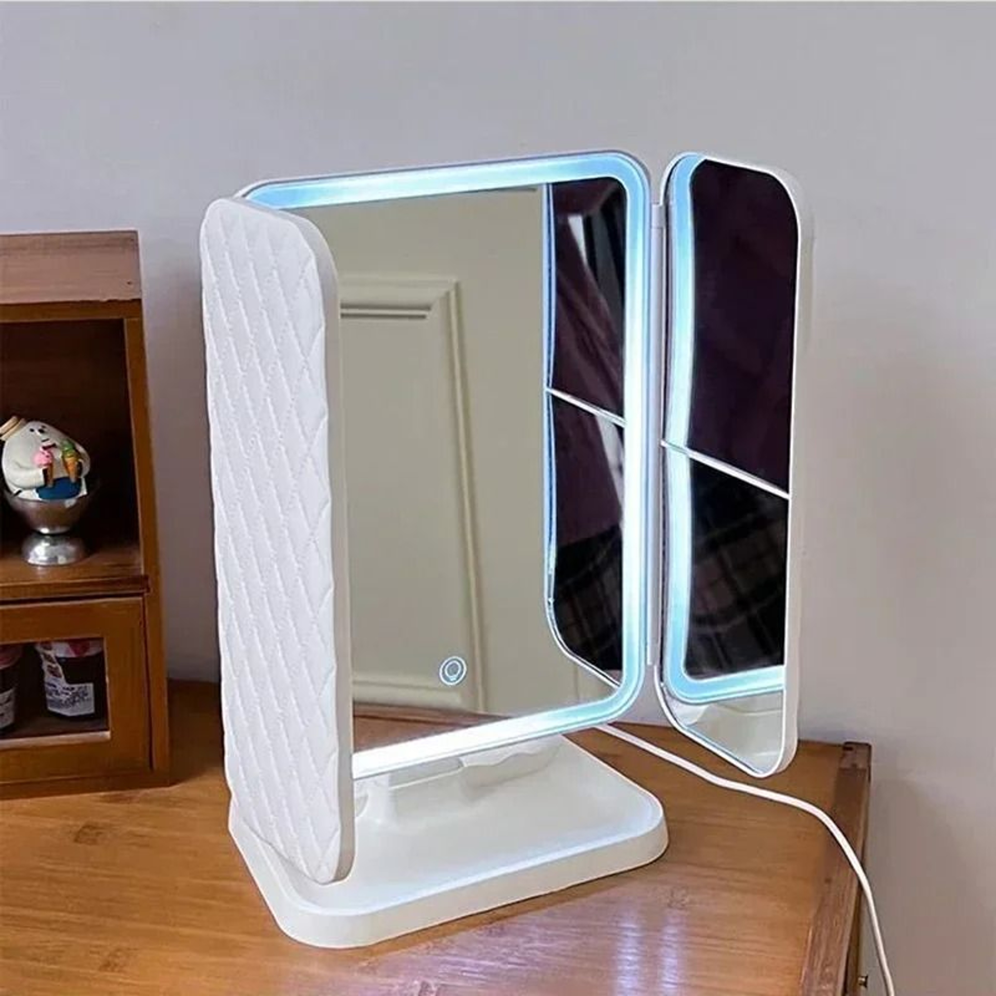 Smart Trifold LED Makeup Mirror With Dimmable Touch Control  WideAngle Visibility 3