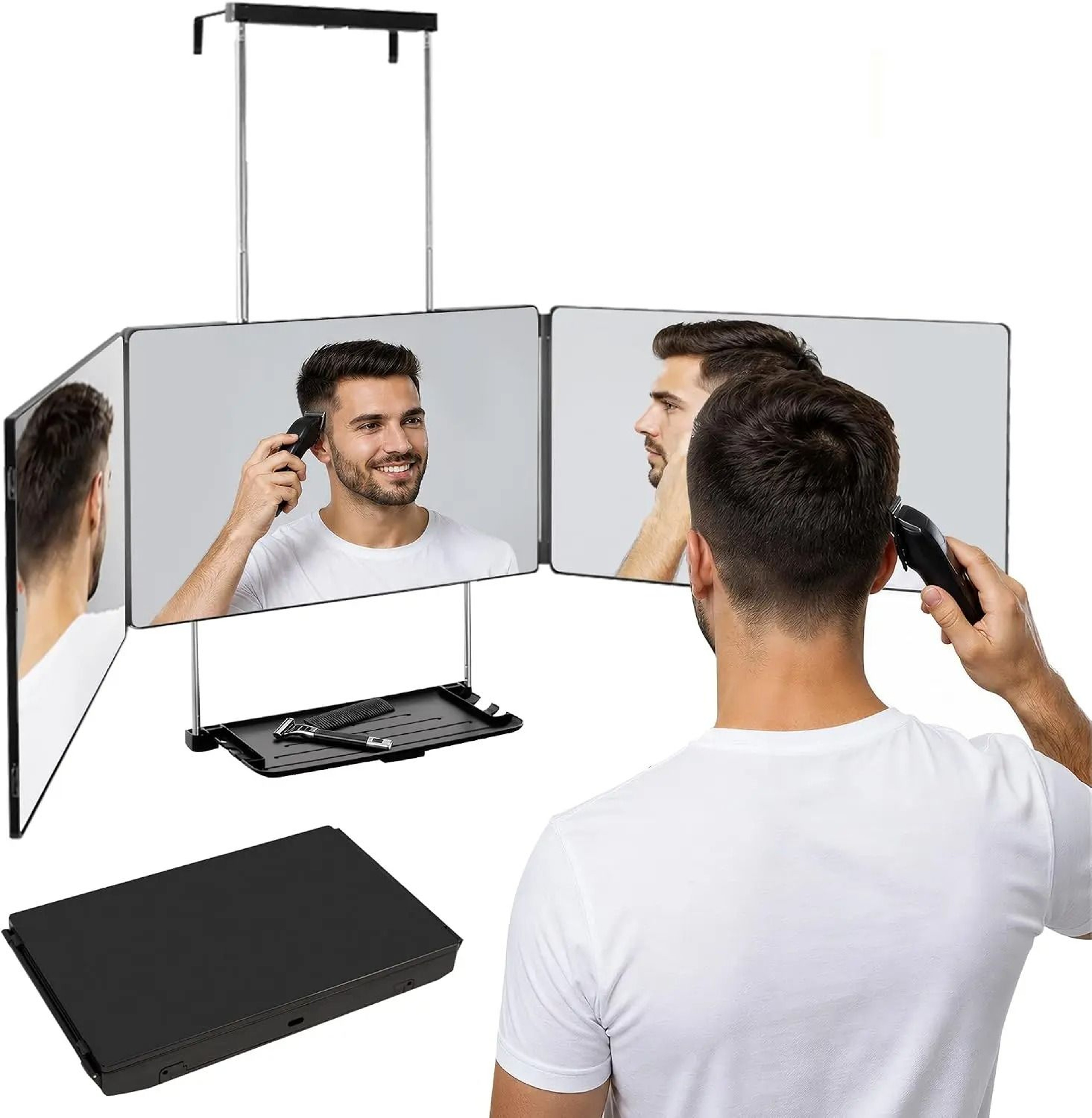 Folding 3Way Rechargeable LED Haircut Mirror With BuiltIn Shelf  Telescoping Door Hooks 9