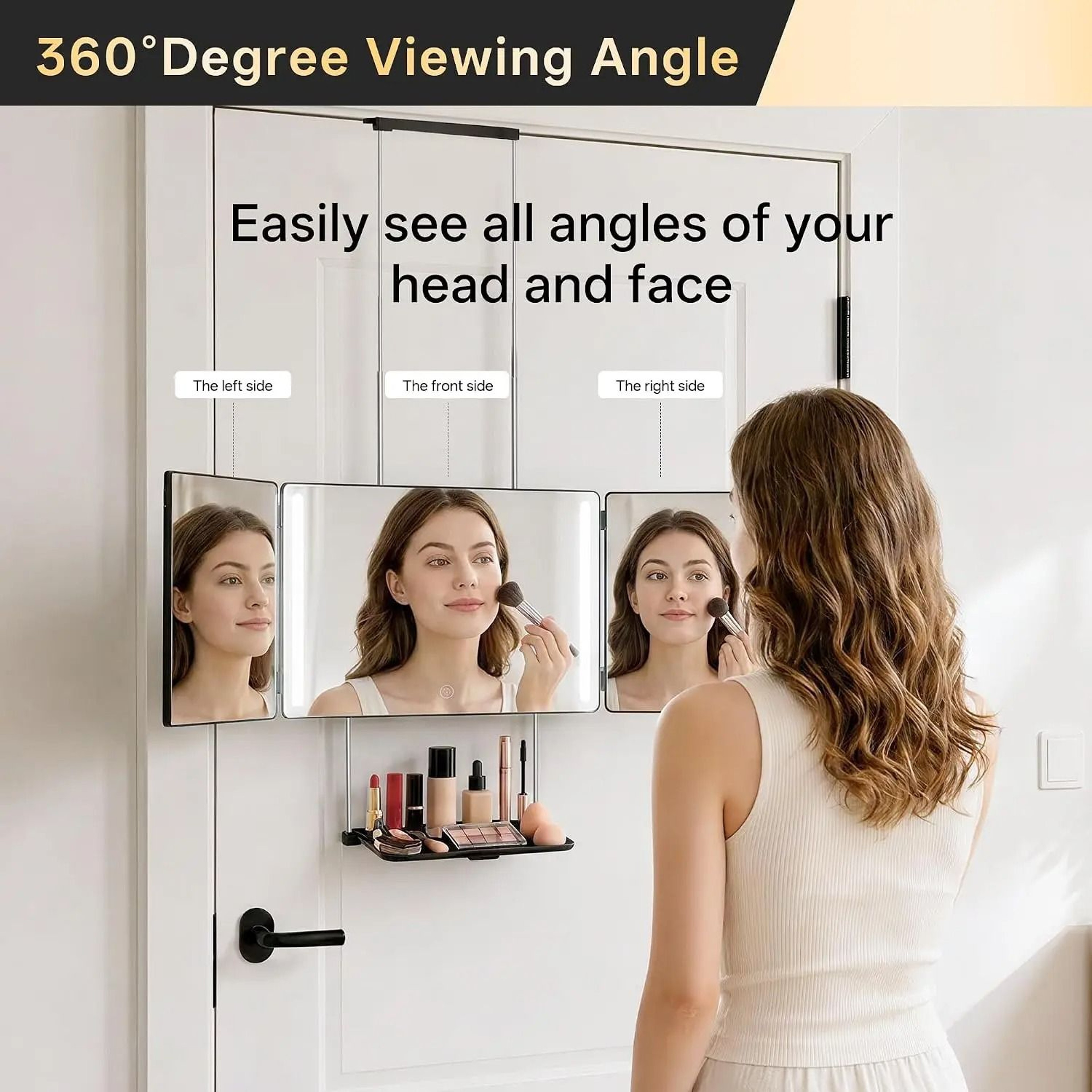 Folding 3Way Rechargeable LED Haircut Mirror With BuiltIn Shelf  Telescoping Door Hooks 1