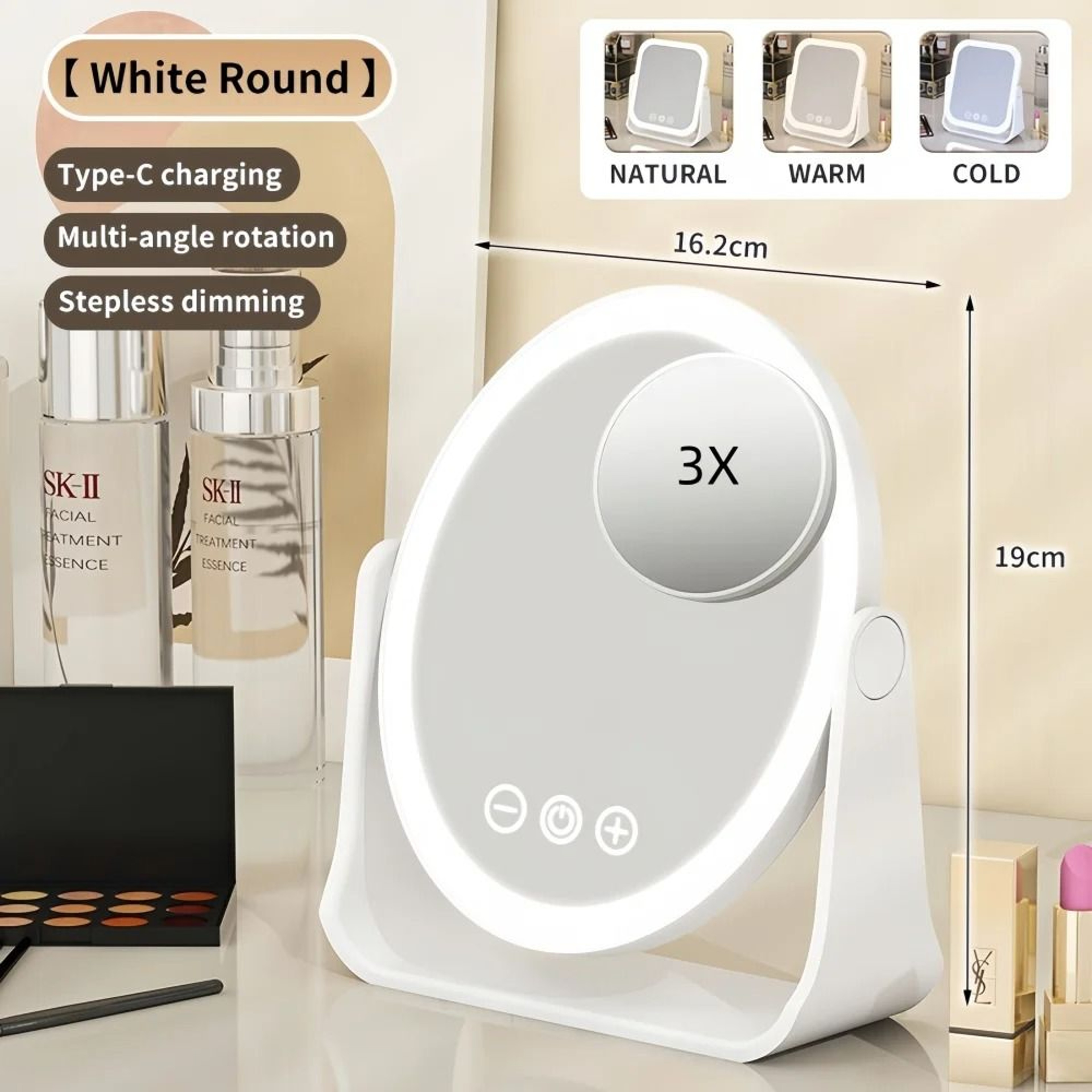 Portable LED Lighted Vanity Makeup Mirror With Touch Dimming  3X Magnifier 6
