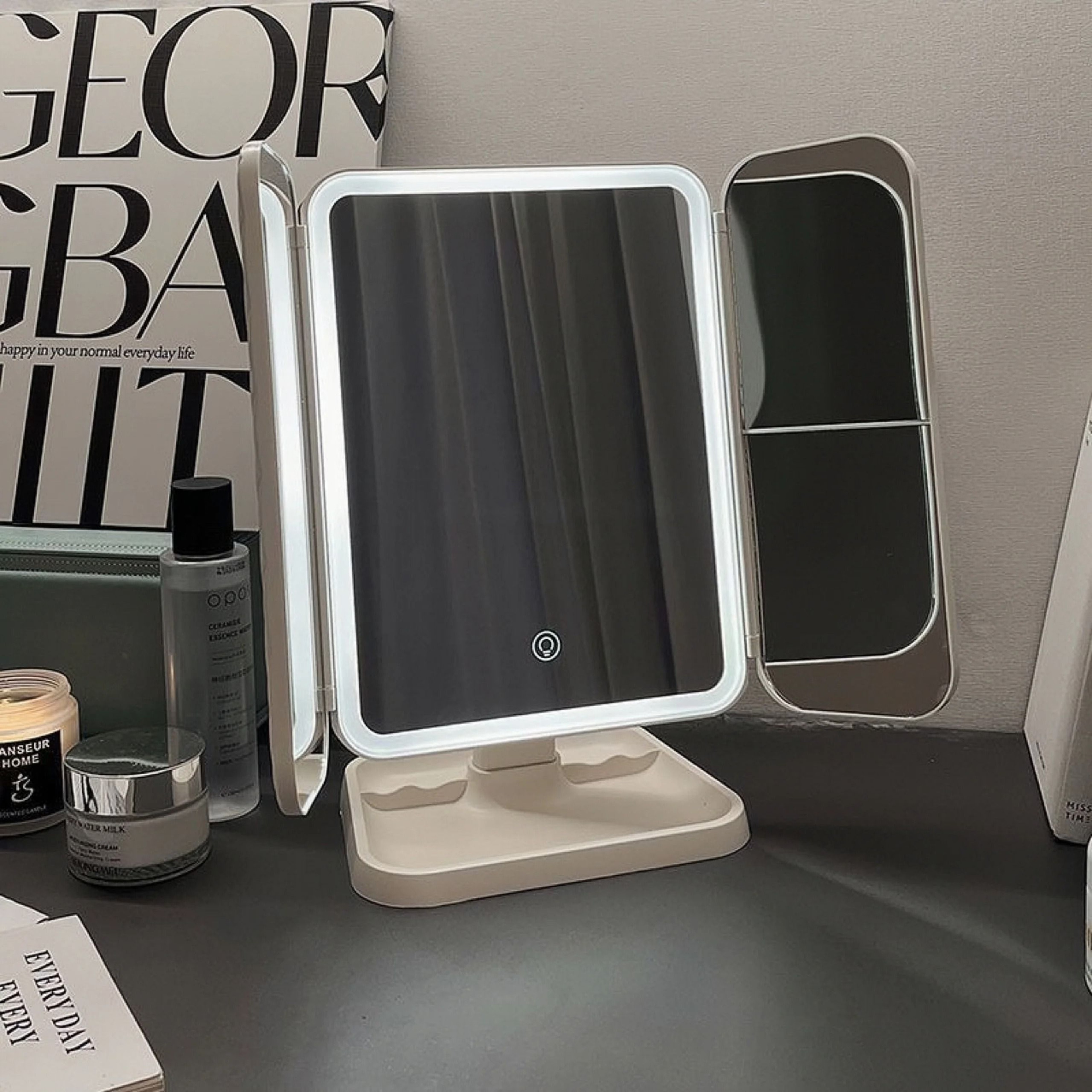 Triple Fold LED Fashion Makeup Mirror With Touch Dimming  MultiPanel Visibility 0