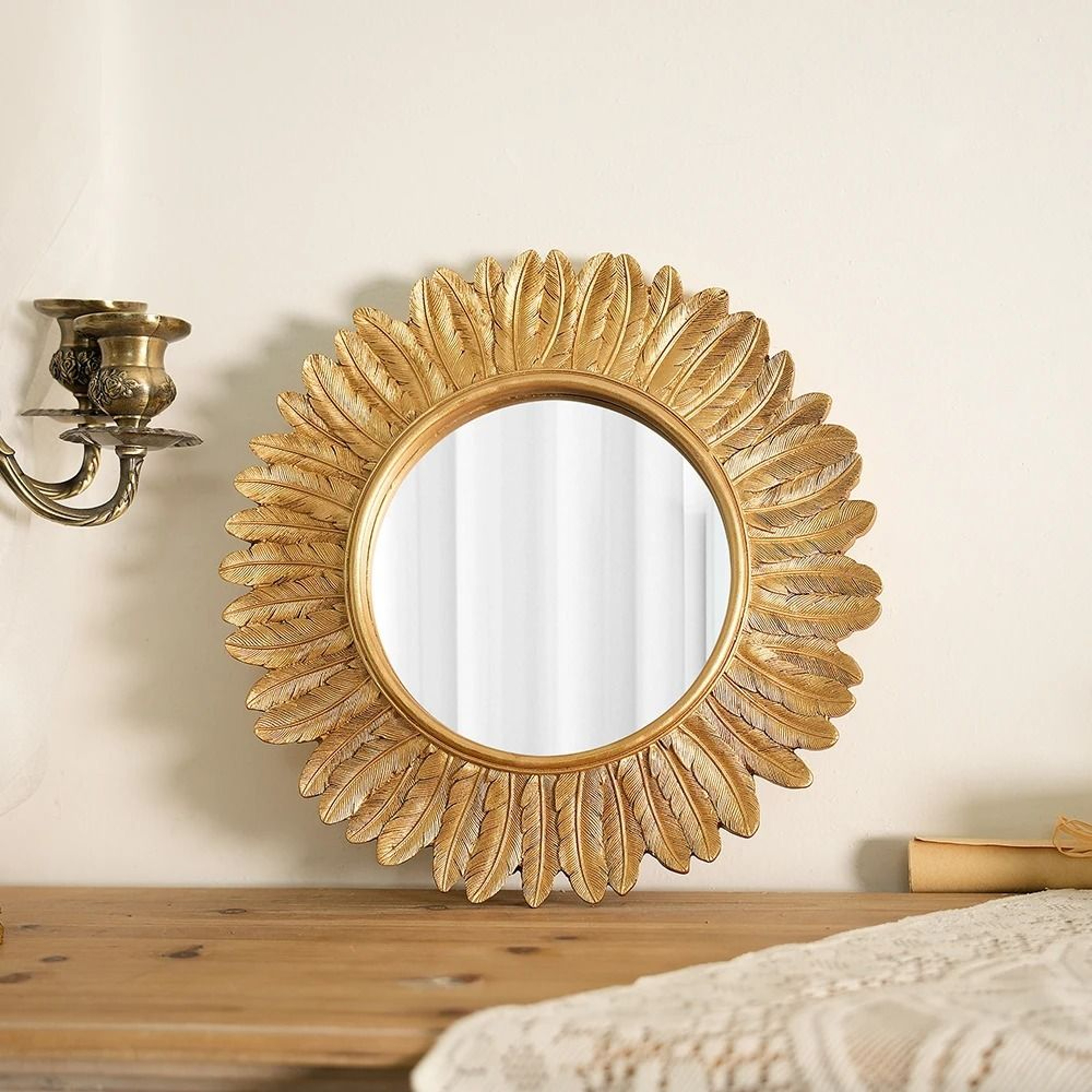 305cm Vintage Gold Feather Sunburst Round Wall Mirror  Decor Accent 3