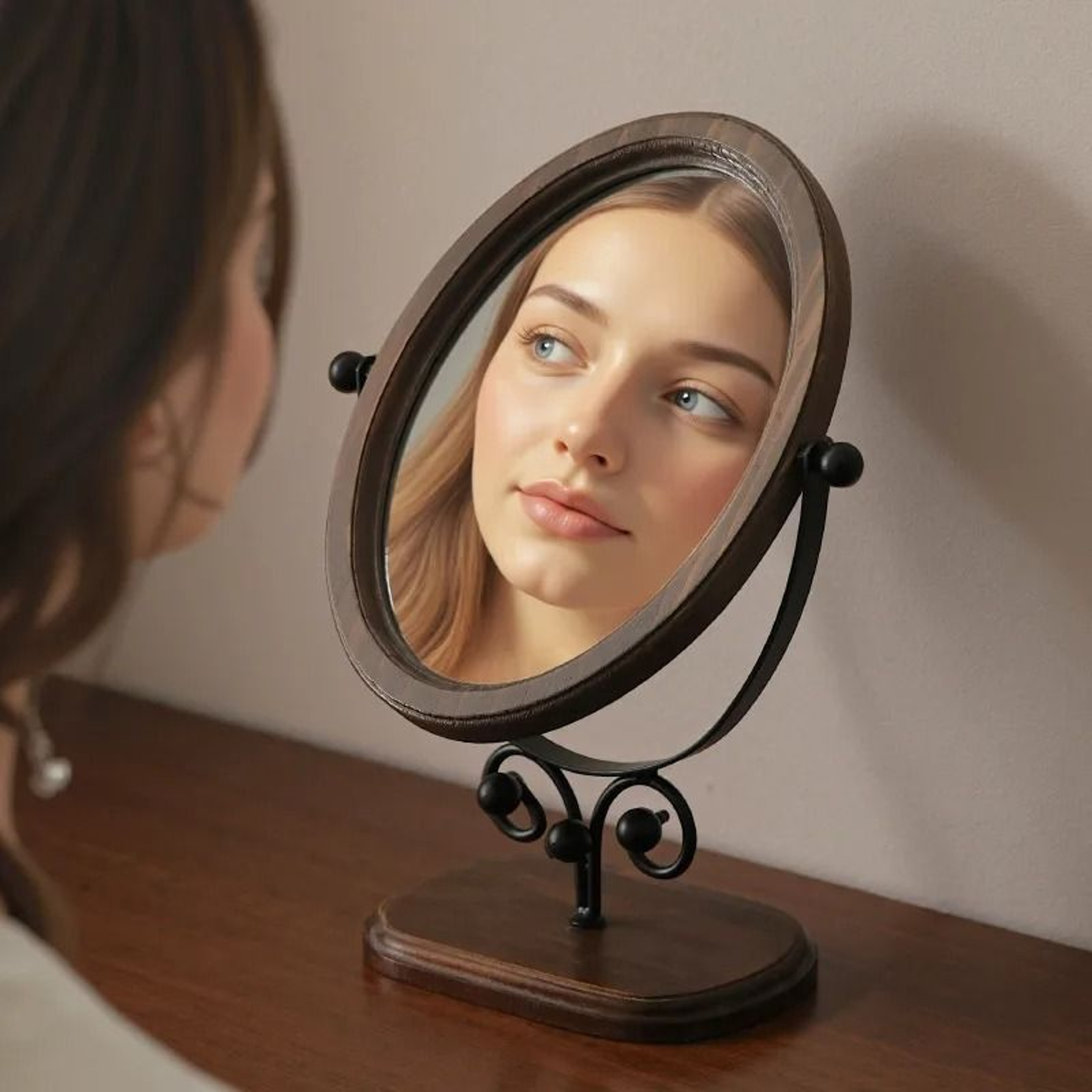 Light Luxury Retro Oval Desktop Makeup Mirror With Adjustable Swivel Stand 2