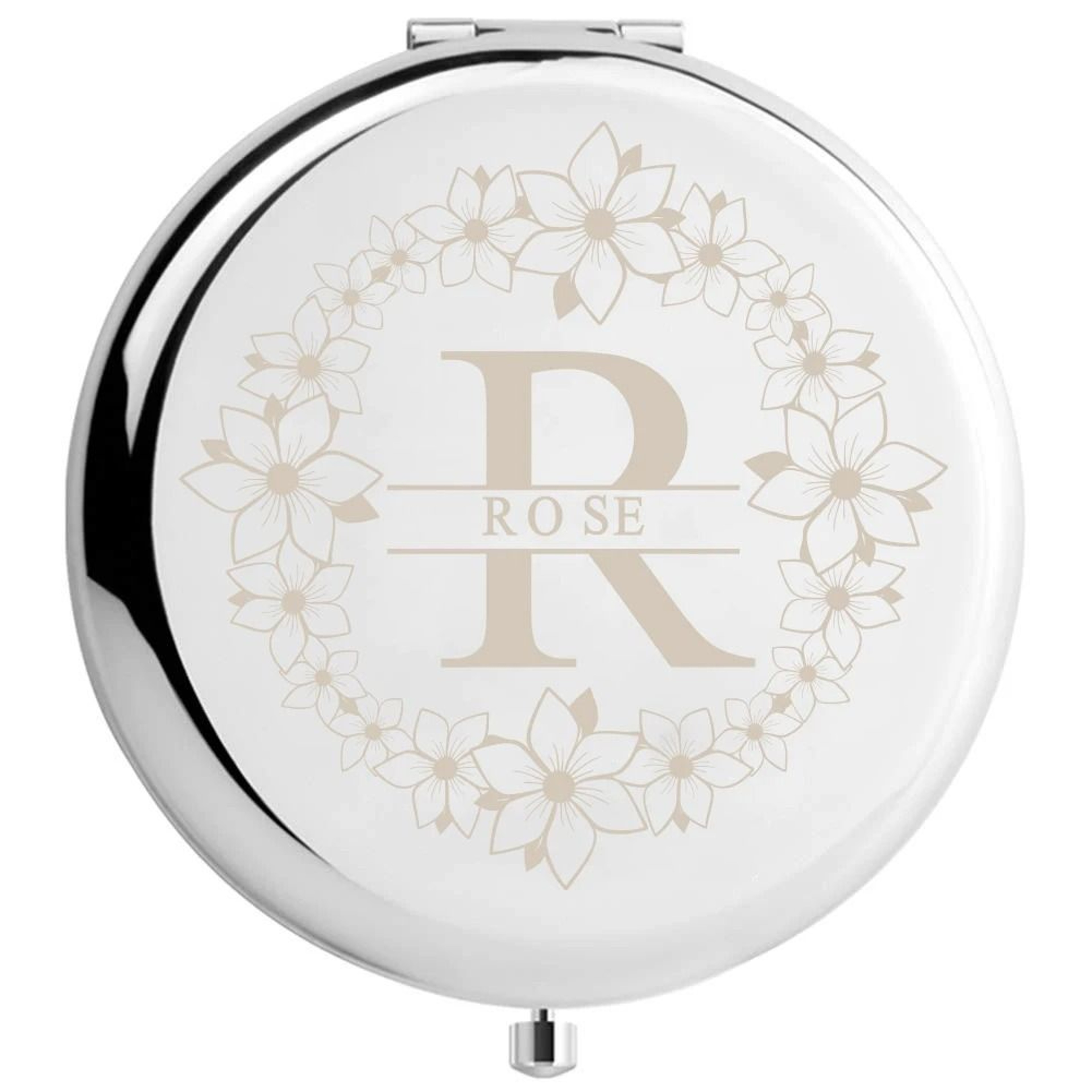 Personalized Floral Wreath Initial Portable Compact Mirror With Custom Name Engraving 8