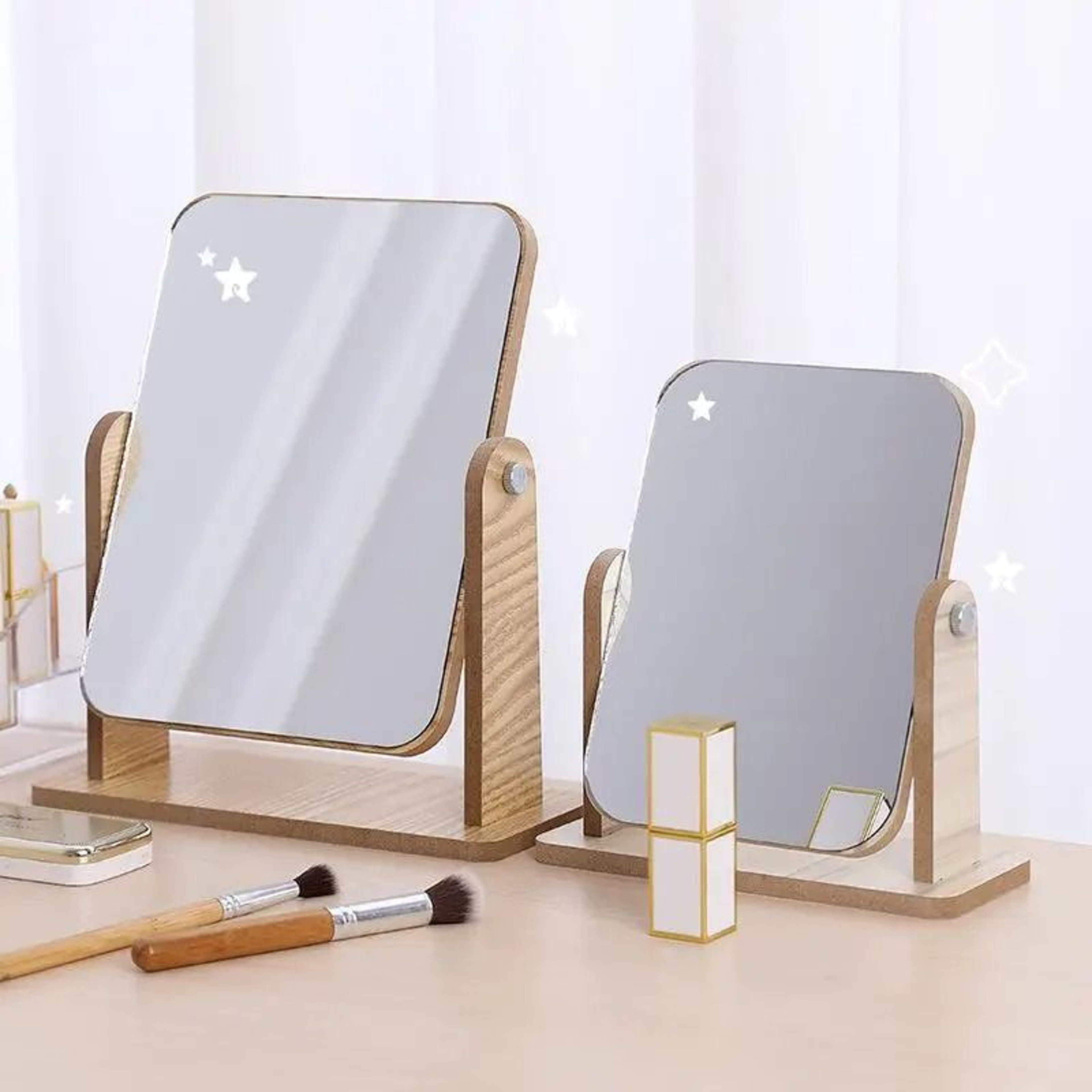 1Pc Clear Wooden Desktop Vanity Mirror With Angle Adjustable Stand 3