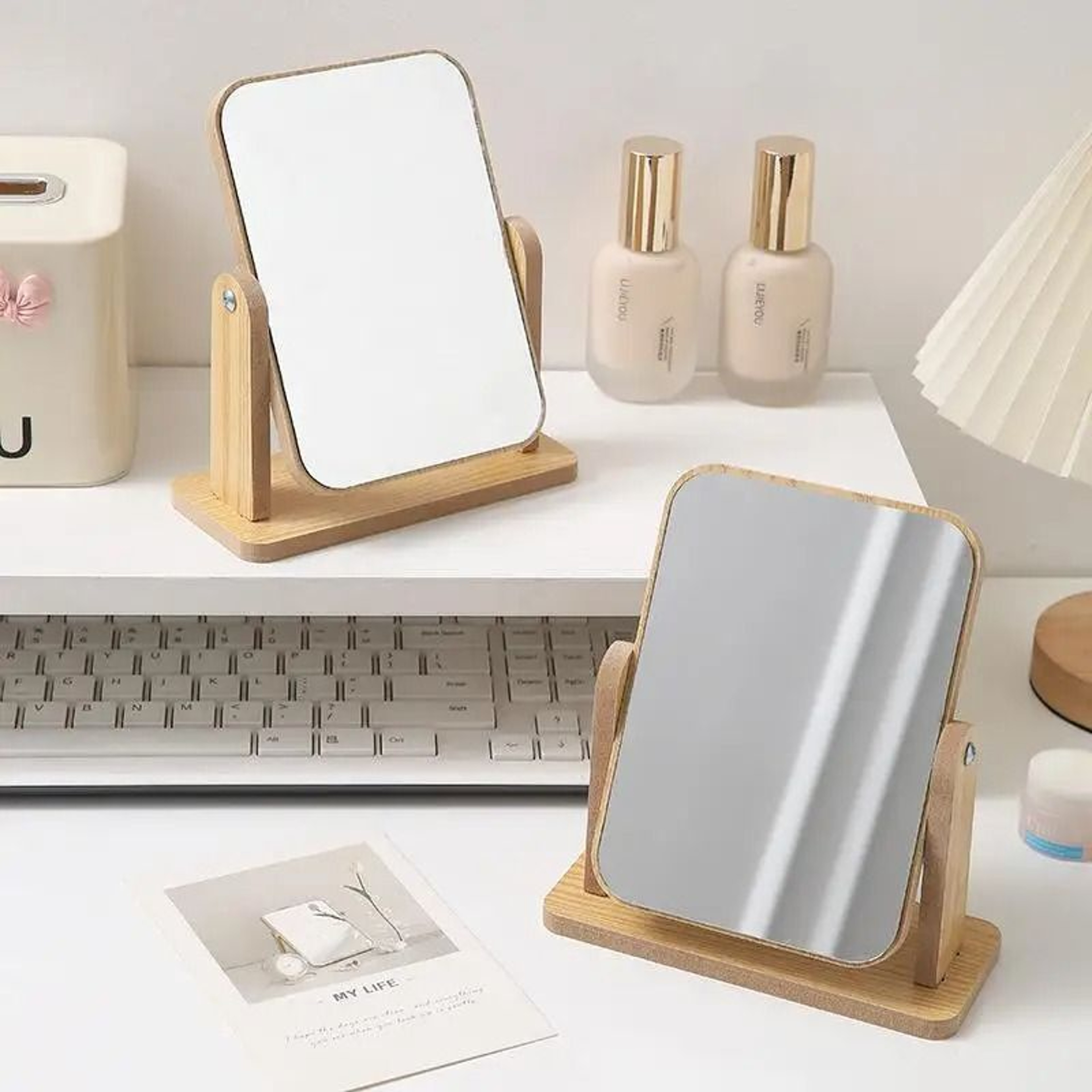 1Pc Clear Wooden Desktop Vanity Mirror With Angle Adjustable Stand 5