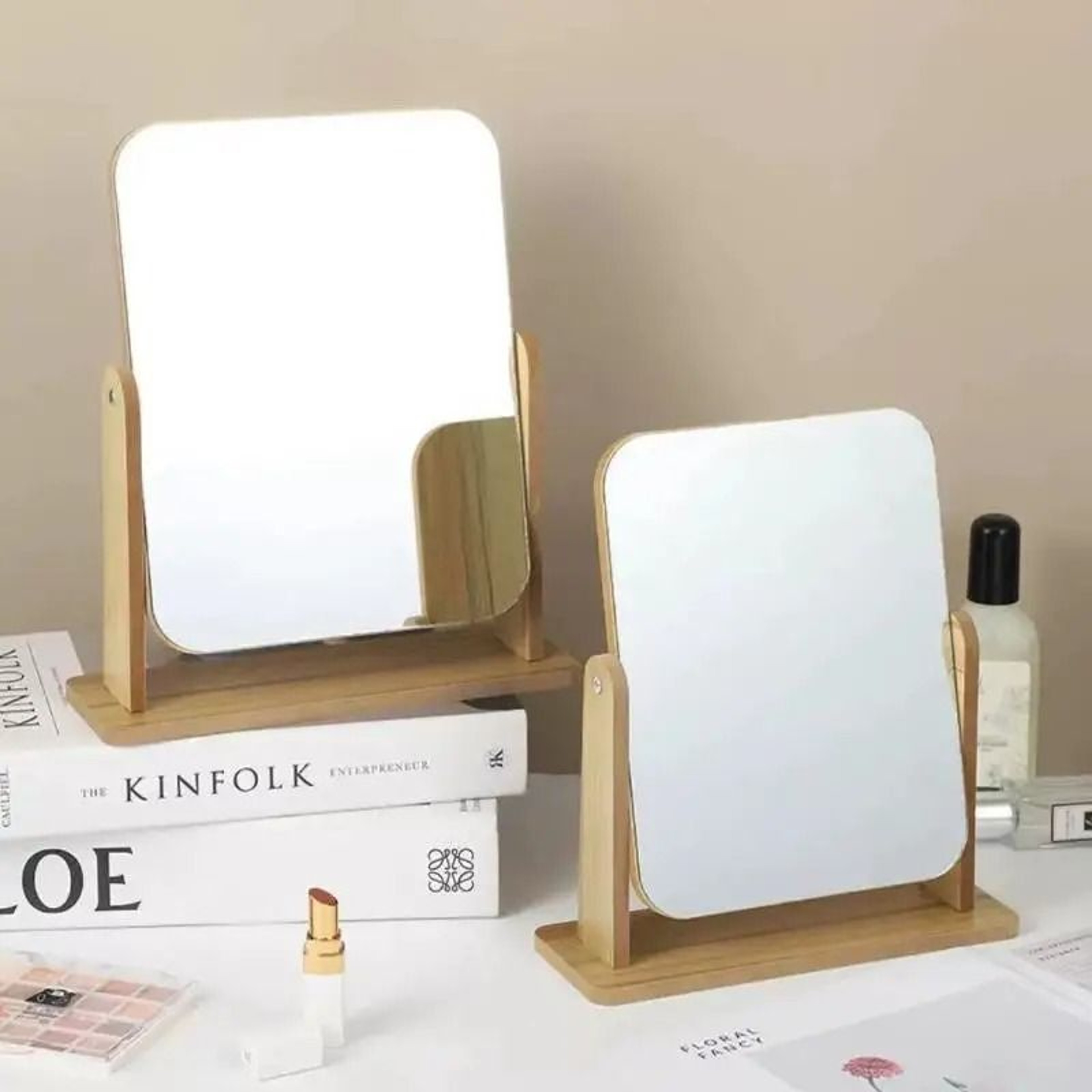 1Pc Clear Wooden Desktop Vanity Mirror With Angle Adjustable Stand 2
