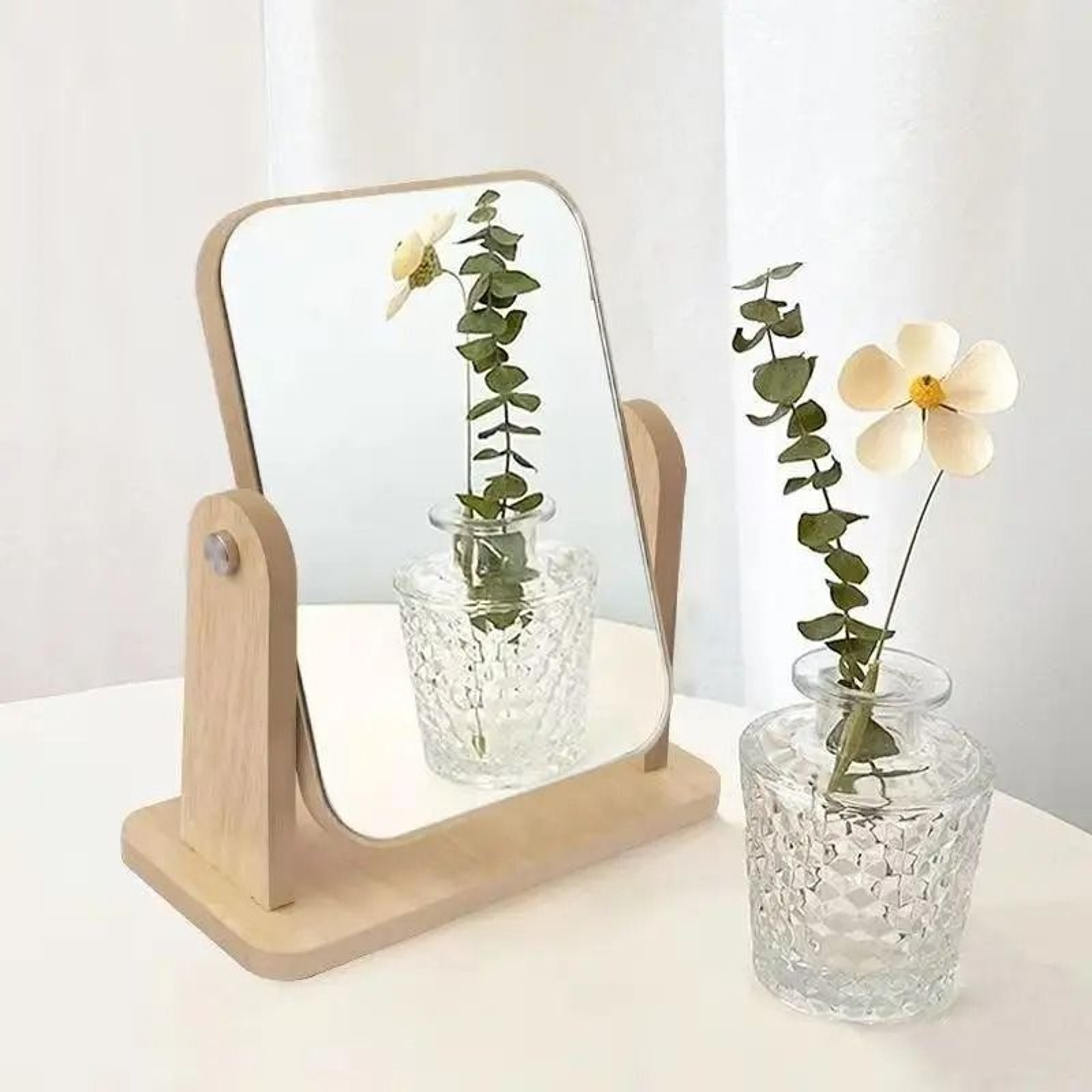 1Pc Clear Wooden Desktop Vanity Mirror With Angle Adjustable Stand 1