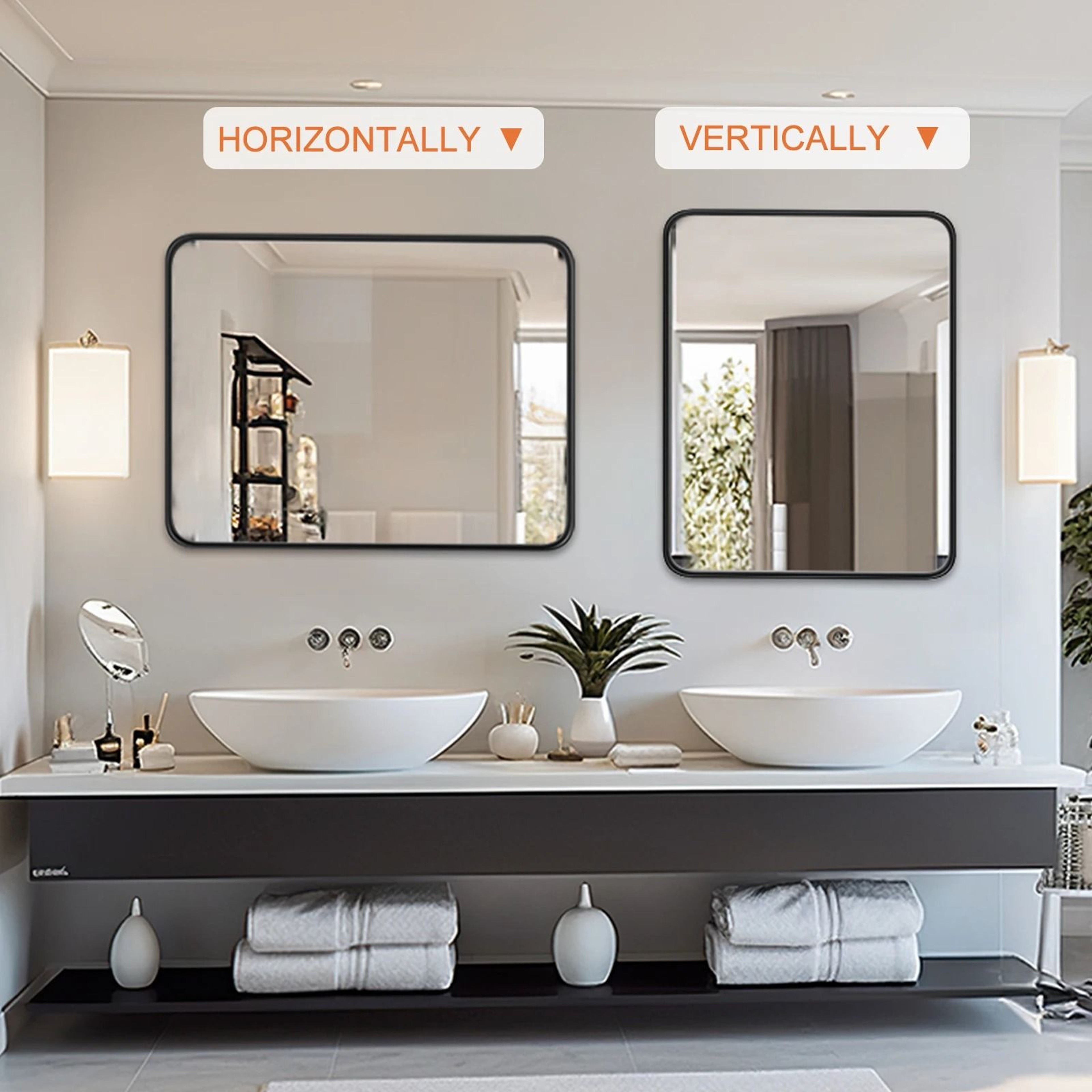 JHK Matte Metal Framed Rectangle Rounded Corner Bathroom Wall Mirror 2