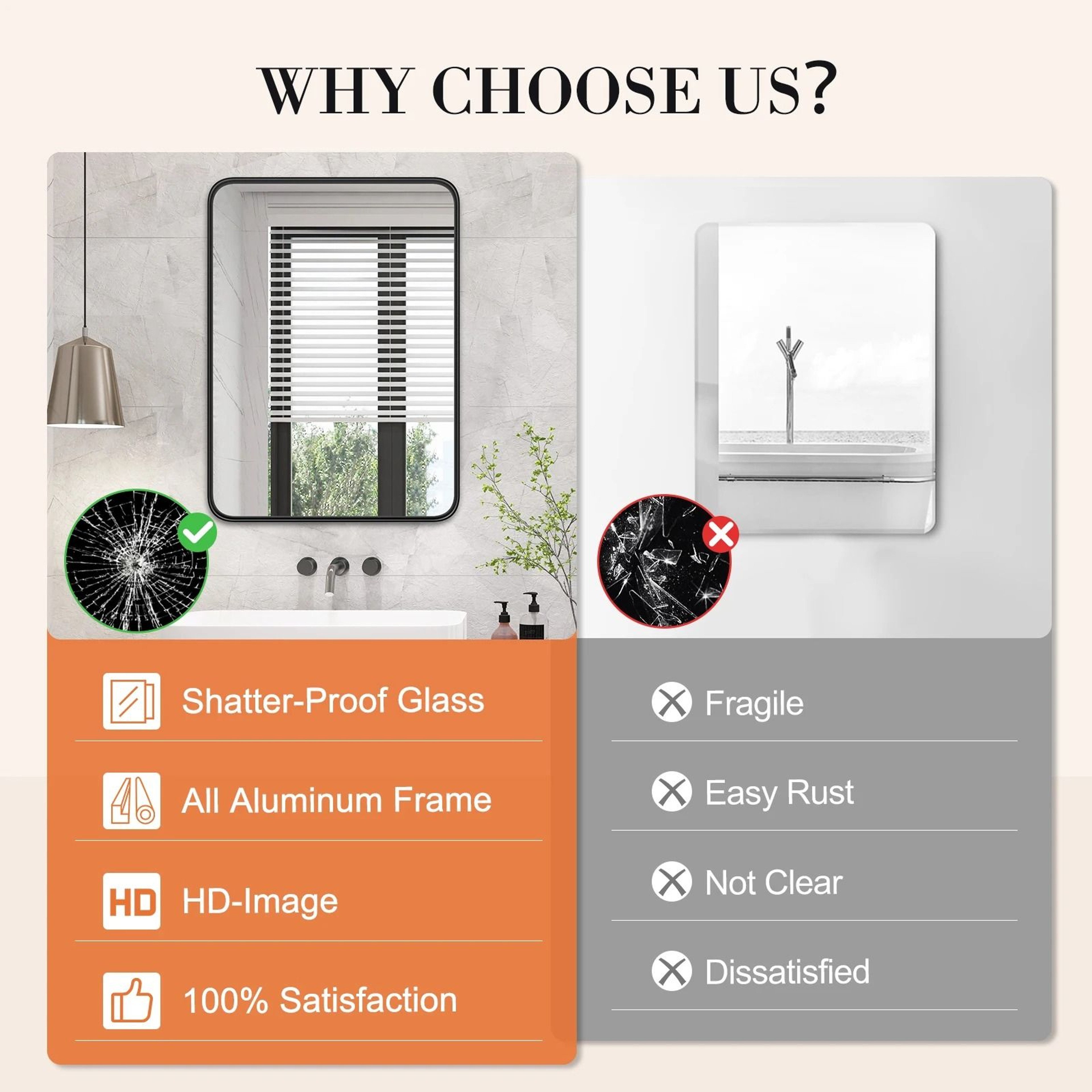 JHK Matte Metal Framed Rectangle Rounded Corner Bathroom Wall Mirror 5