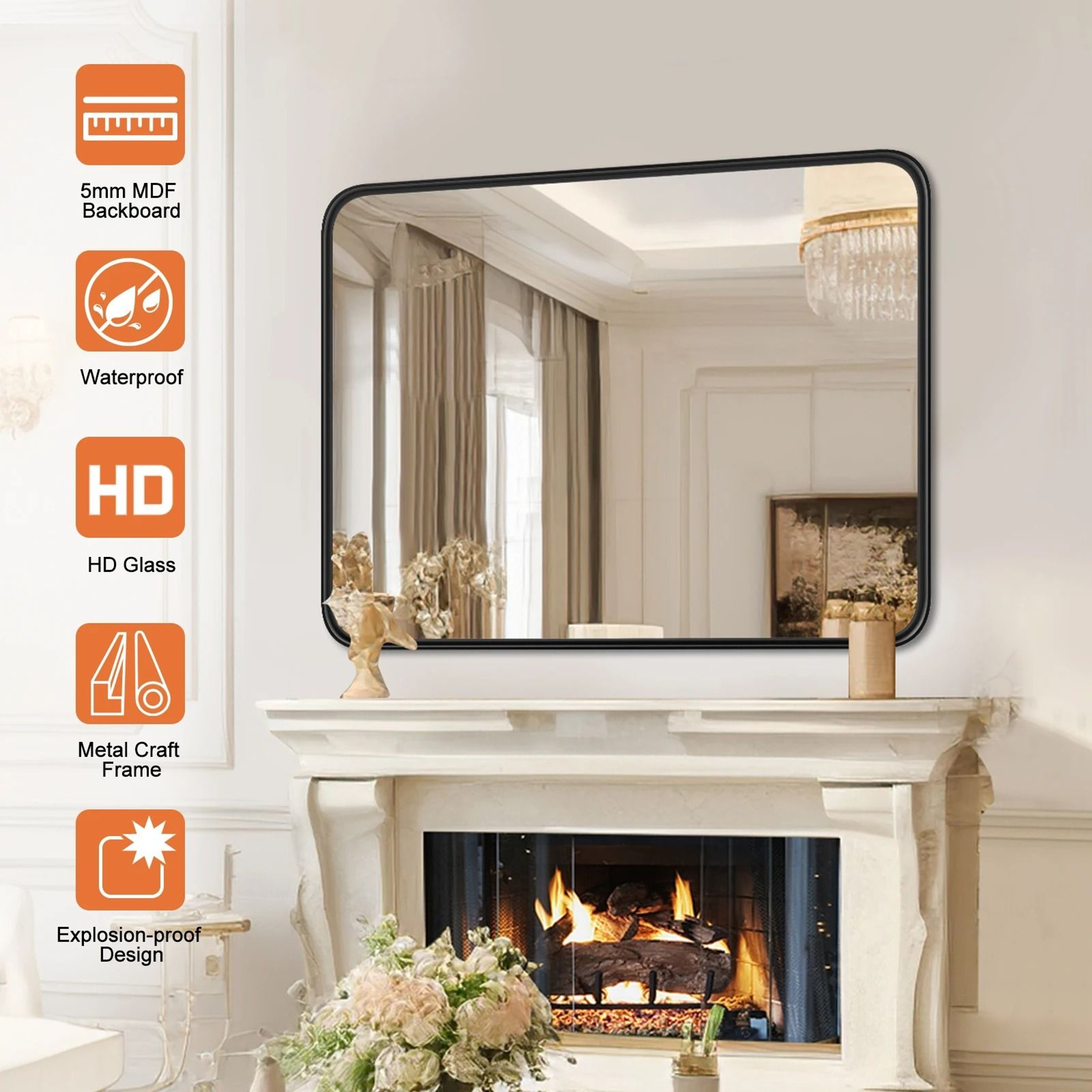 JHK Matte Metal Framed Rectangle Rounded Corner Bathroom Wall Mirror 3