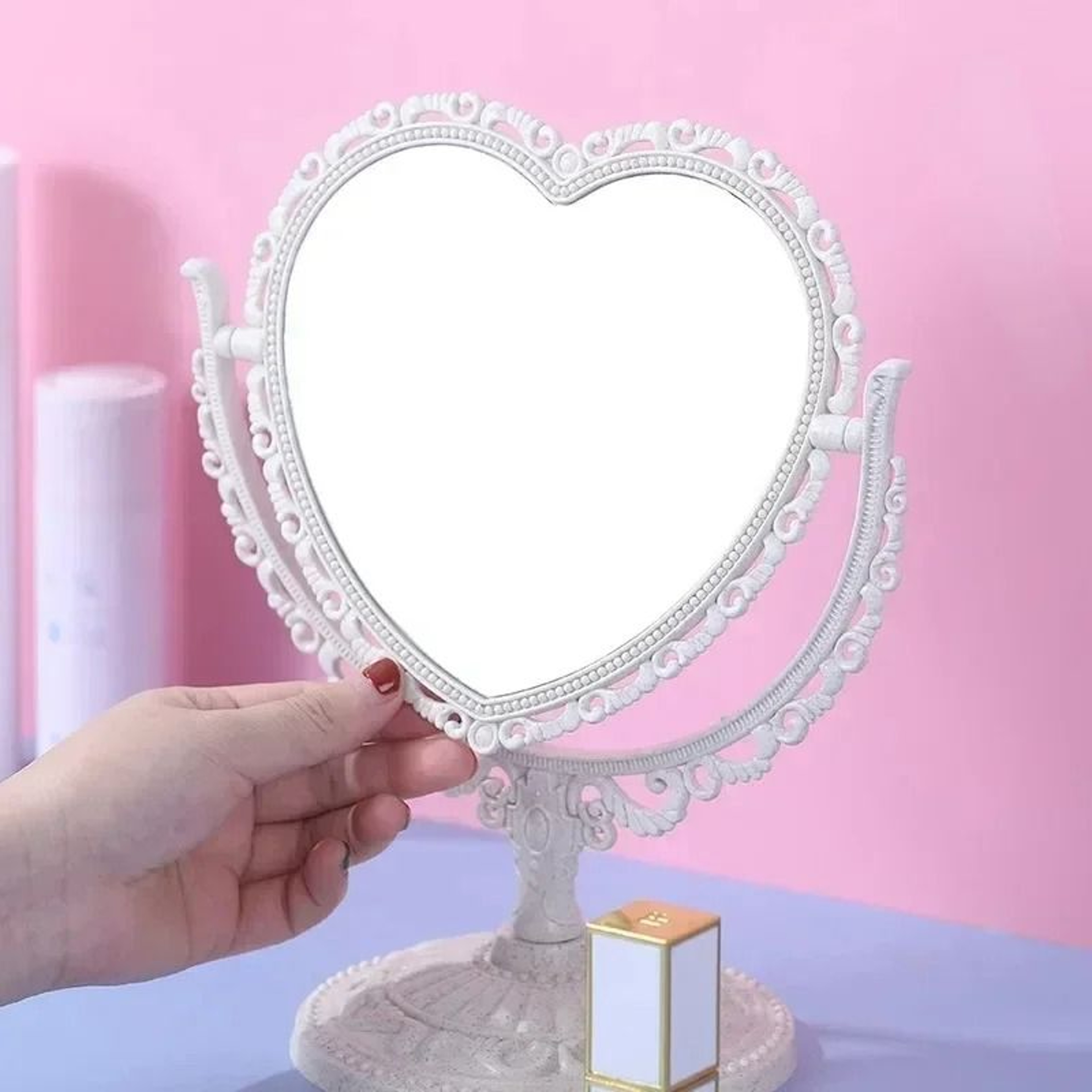 Pink Heart European Retro Tabletop Cosmetic Mirror For Girls Dorm 1