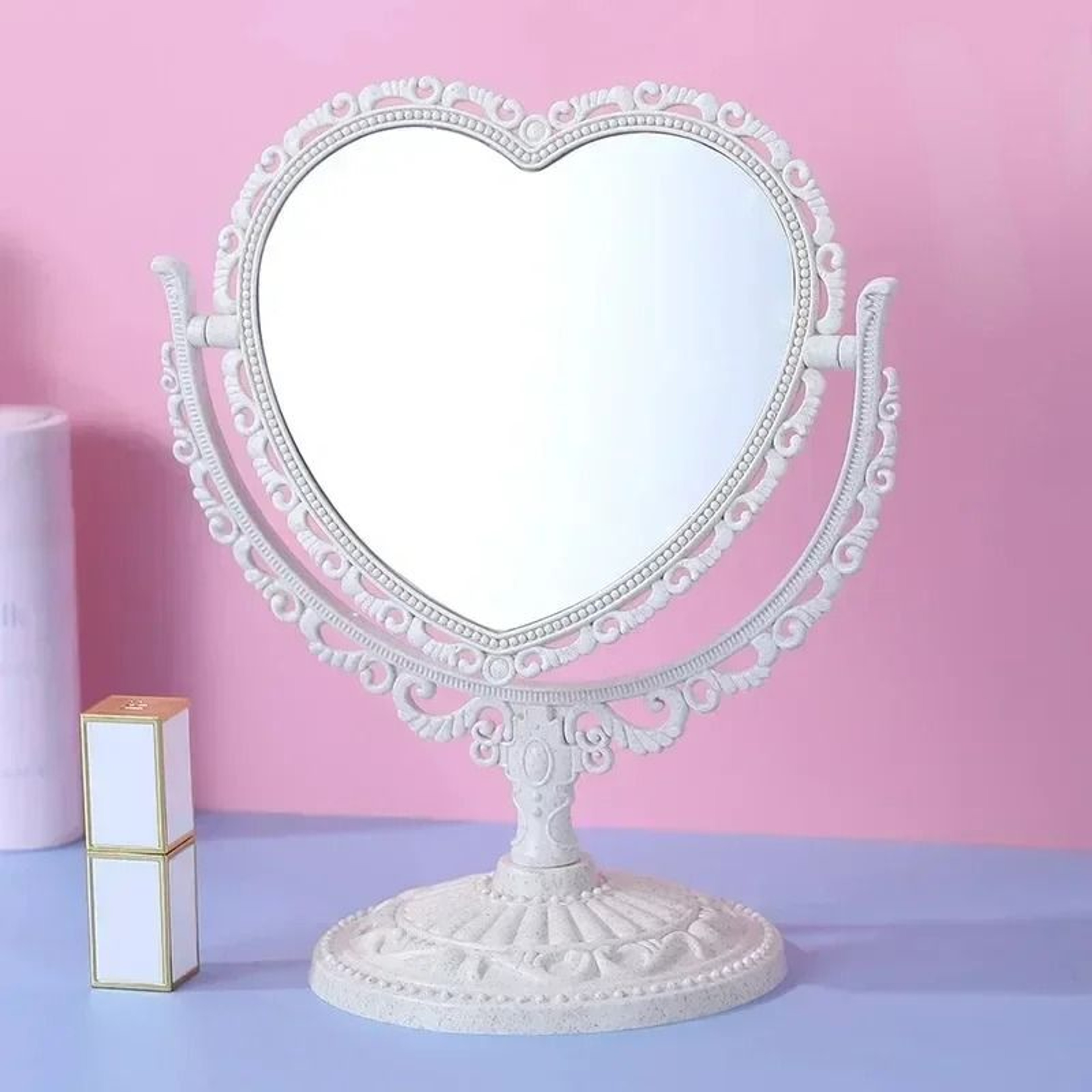 Pink Heart European Retro Tabletop Cosmetic Mirror For Girls Dorm 4
