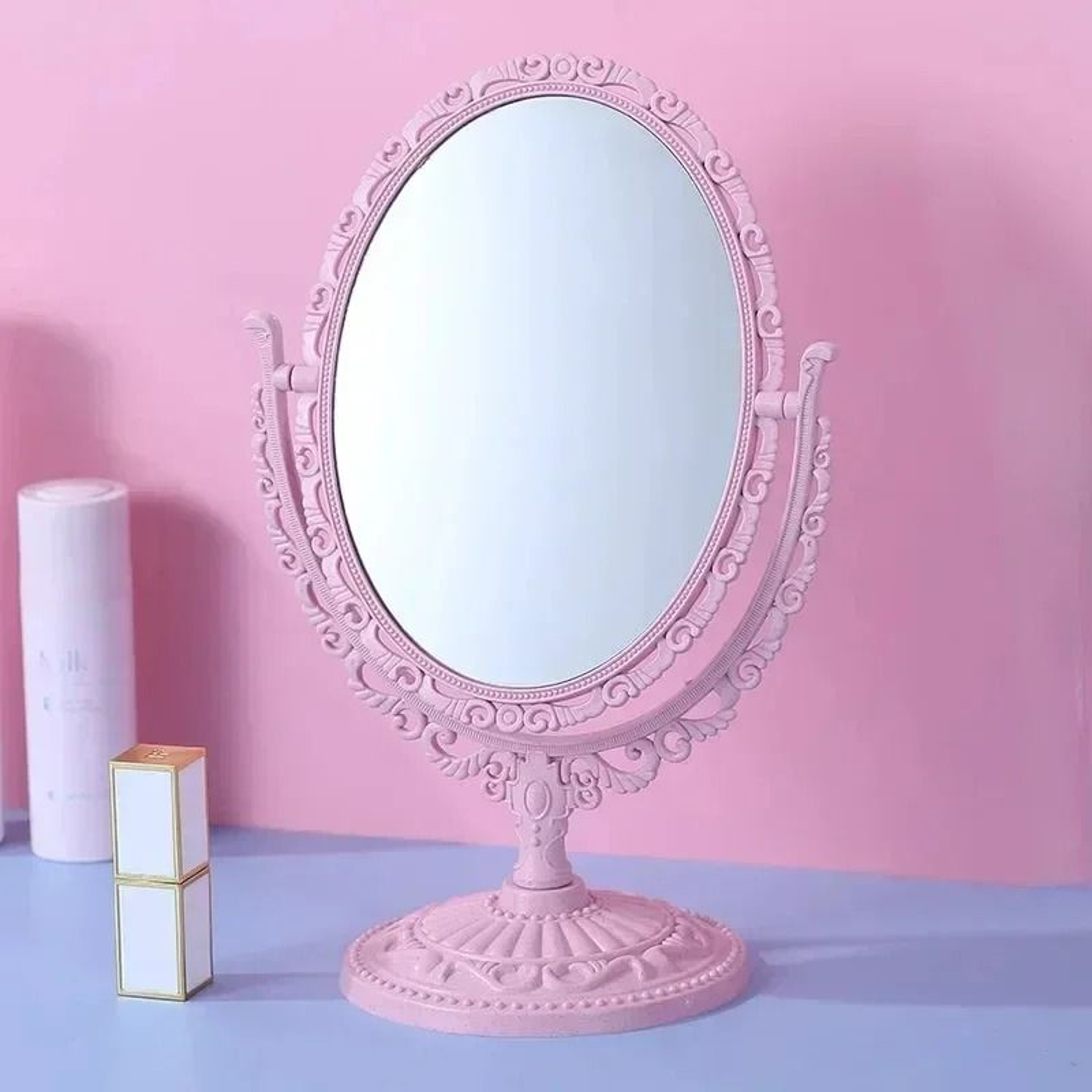 Pink Heart European Retro Tabletop Cosmetic Mirror For Girls Dorm 3