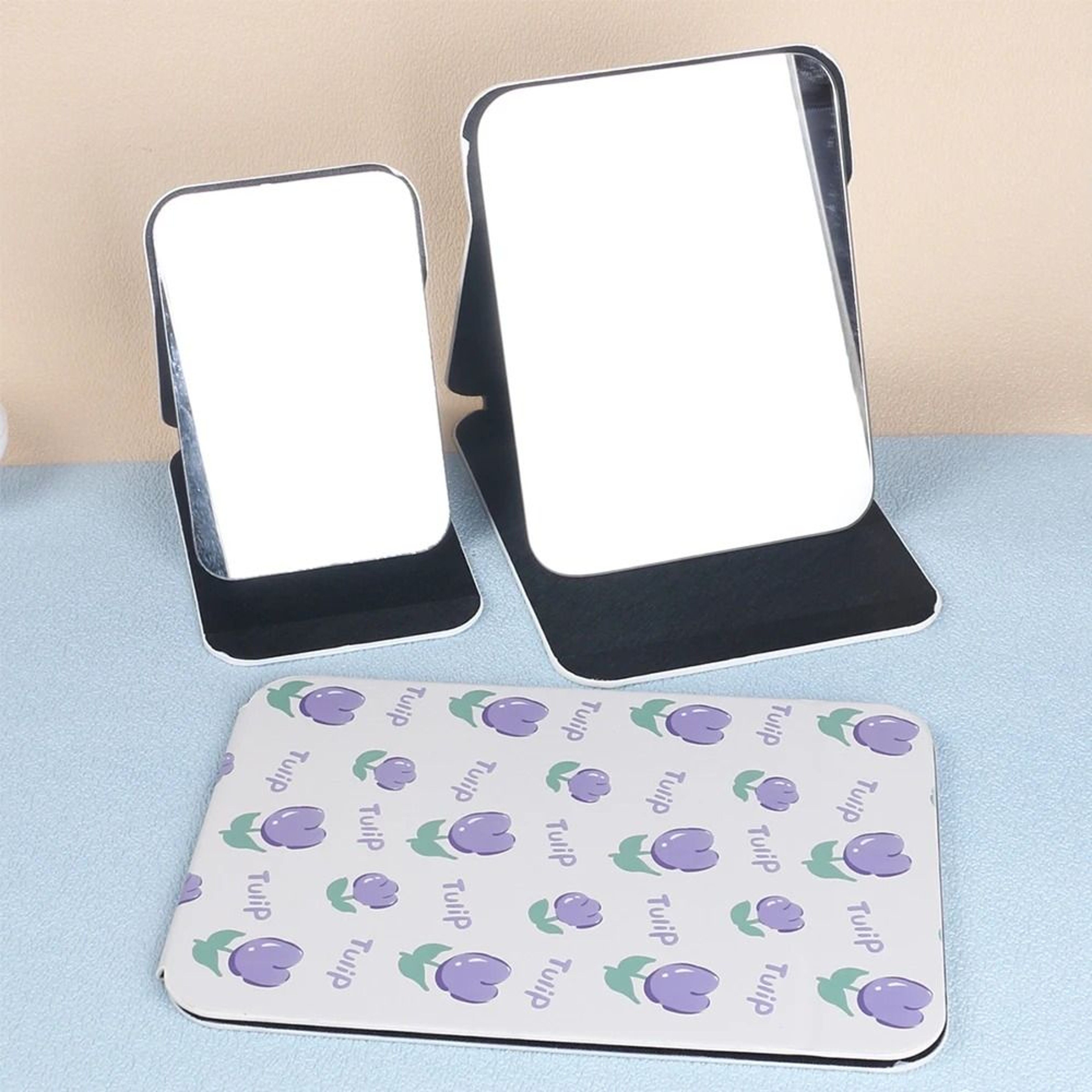 Desktop Foldable PU Leather Makeup Mirror With Tulip Pattern 4
