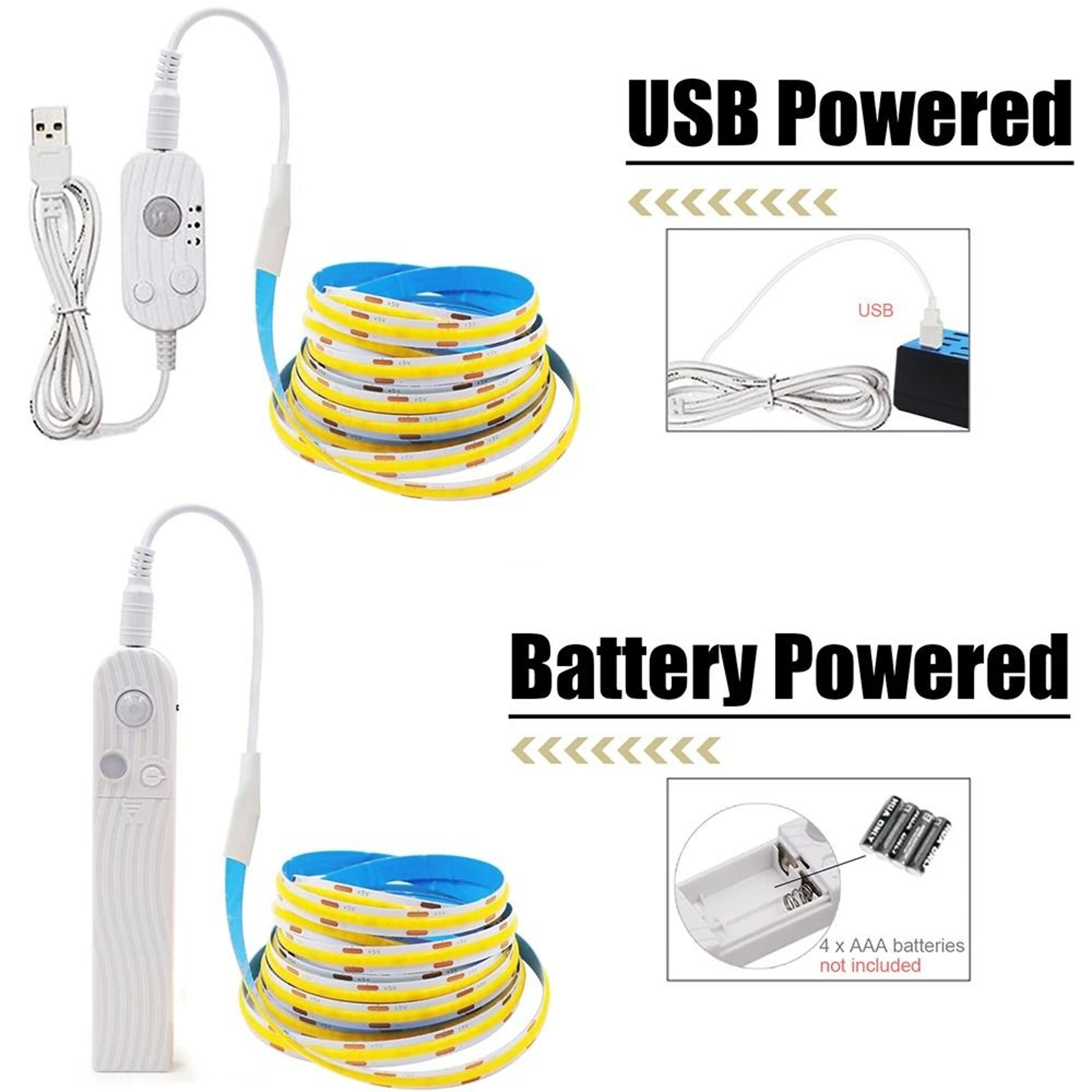 5V Flexible COB LED Motion Sensor Light Strip USB  Battery Powered 1