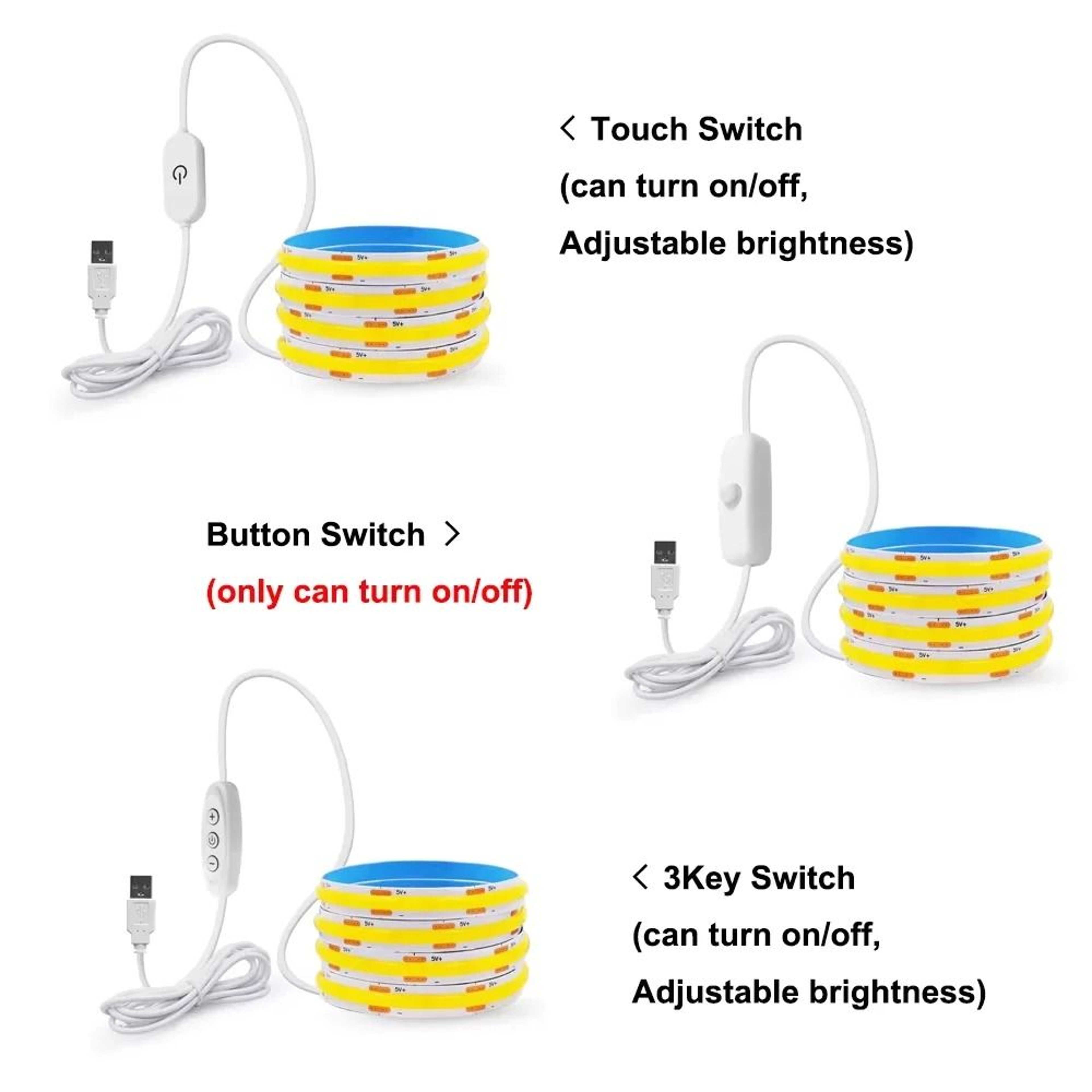 5V Flexible COB LED Light Strip With Touch Dimmer Sensor  USB Plug 2