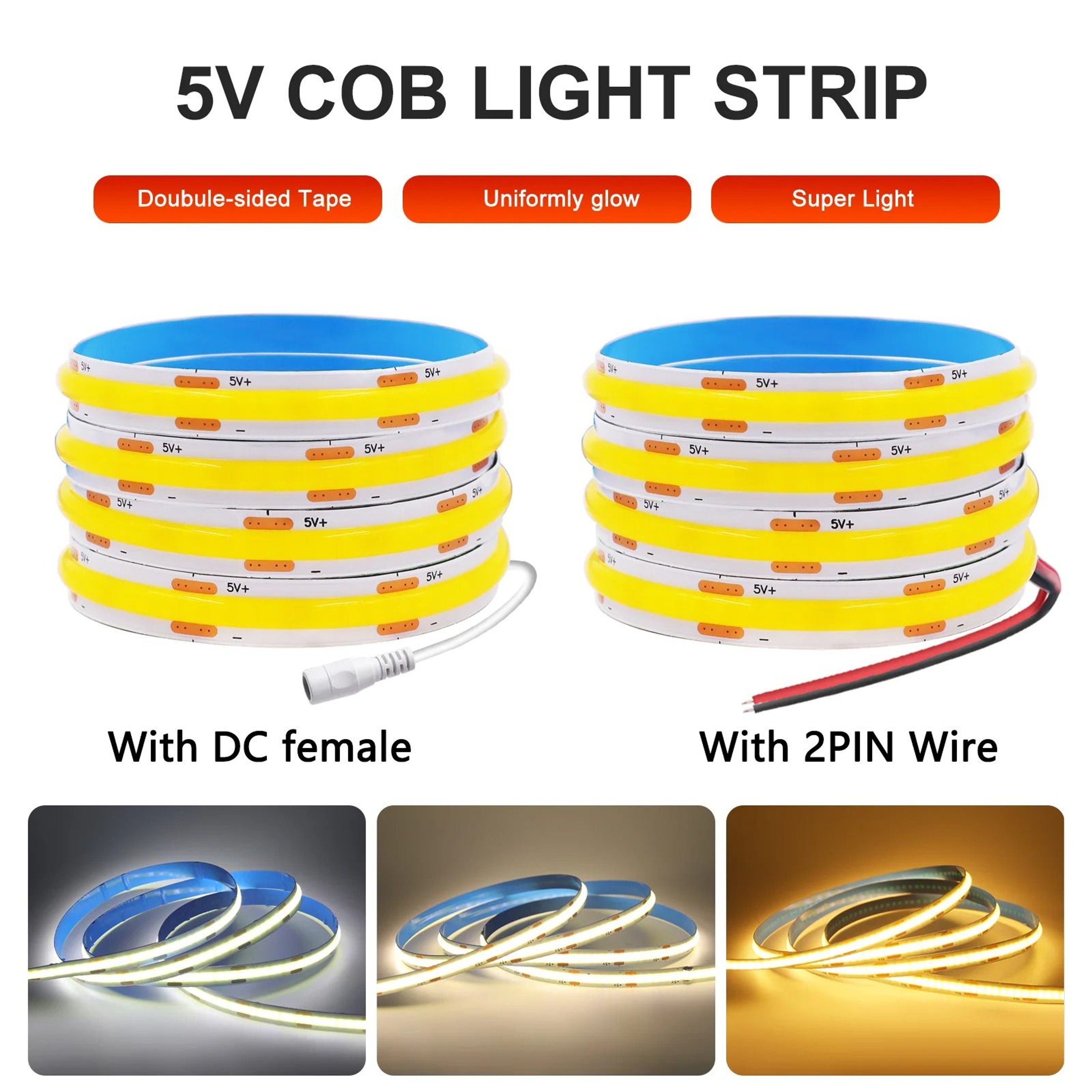 5V Flexible COB LED Light Strip With Touch Dimmer Sensor  USB Plug 1