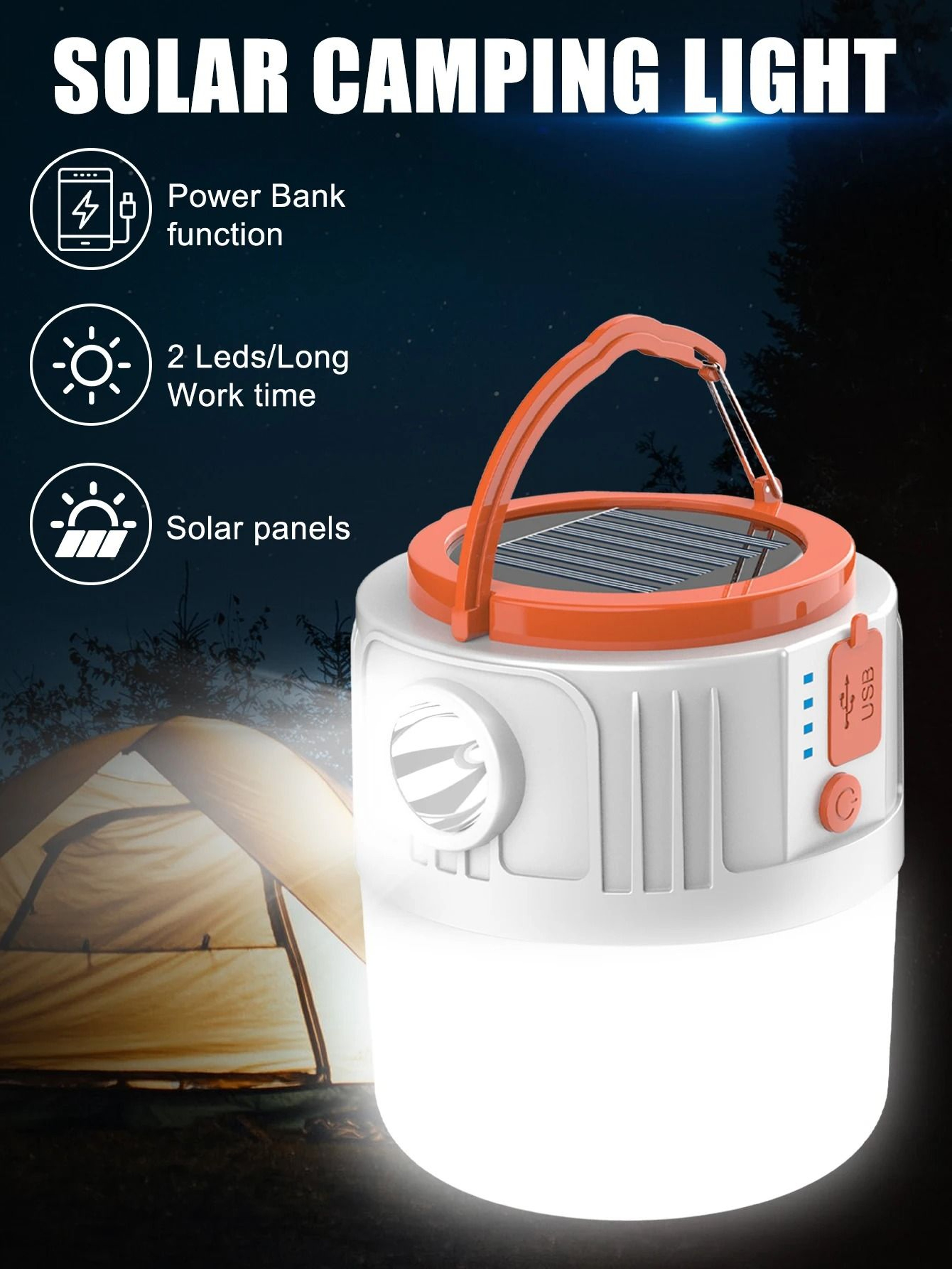 Solar Powered LED Camping Lantern With USB Power Bank Mobile Phone Charger 4