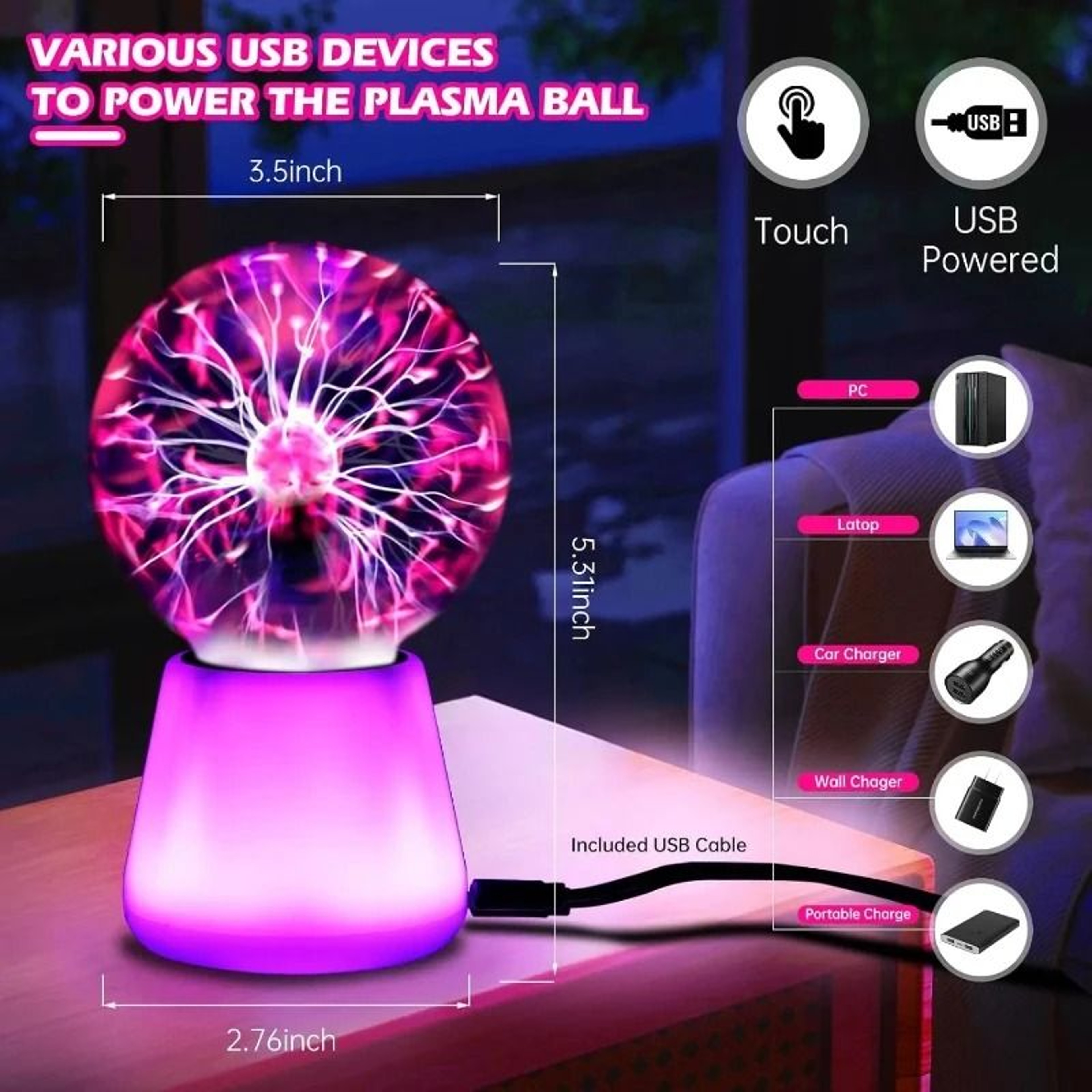 3Inch USBPowered Interactive Plasma Ball Lamp With 7 ColorChanging Lights 2