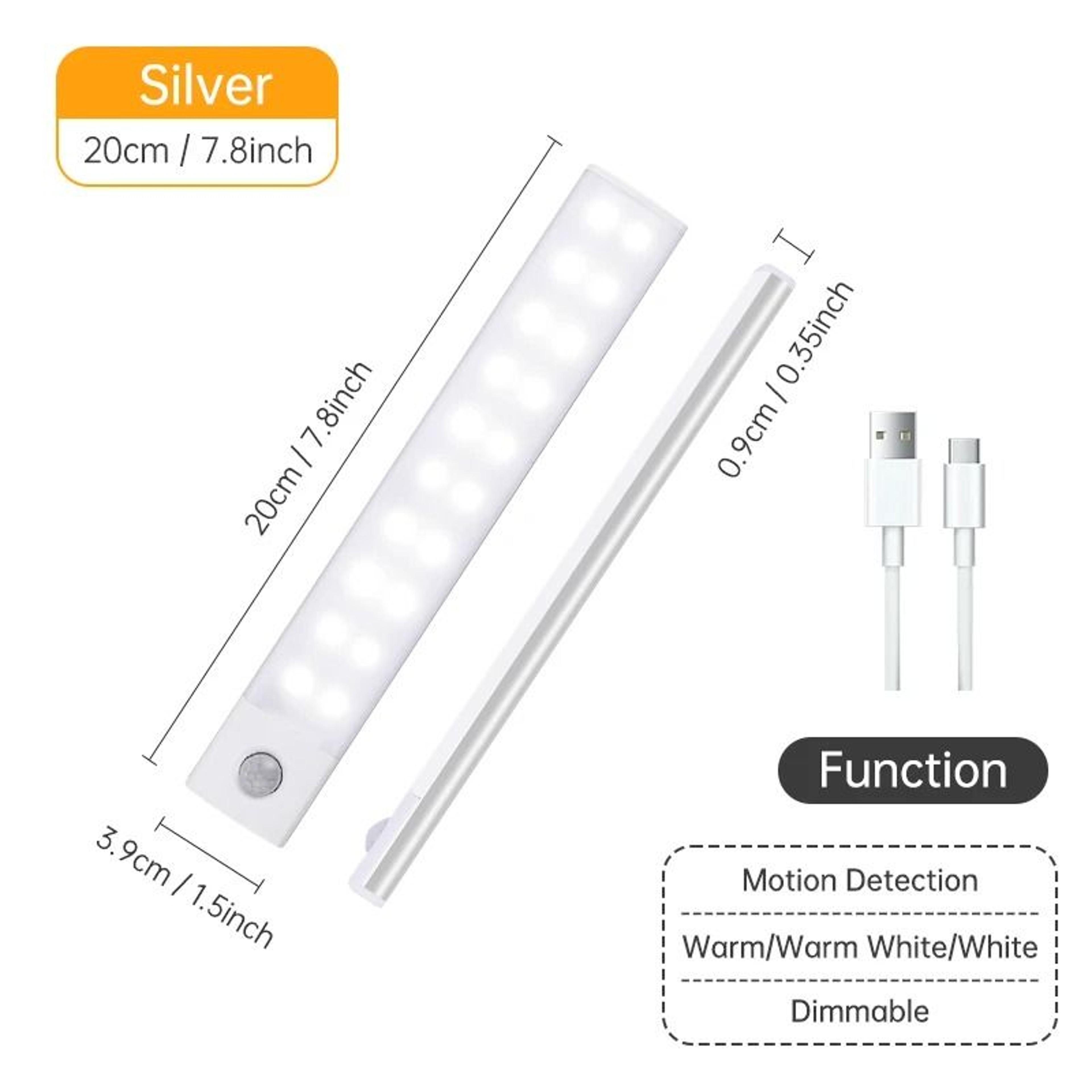 Wireless PIR Motion Sensor LED Night Light Bar USB Rechargeable UnderCabinet Lamp 7