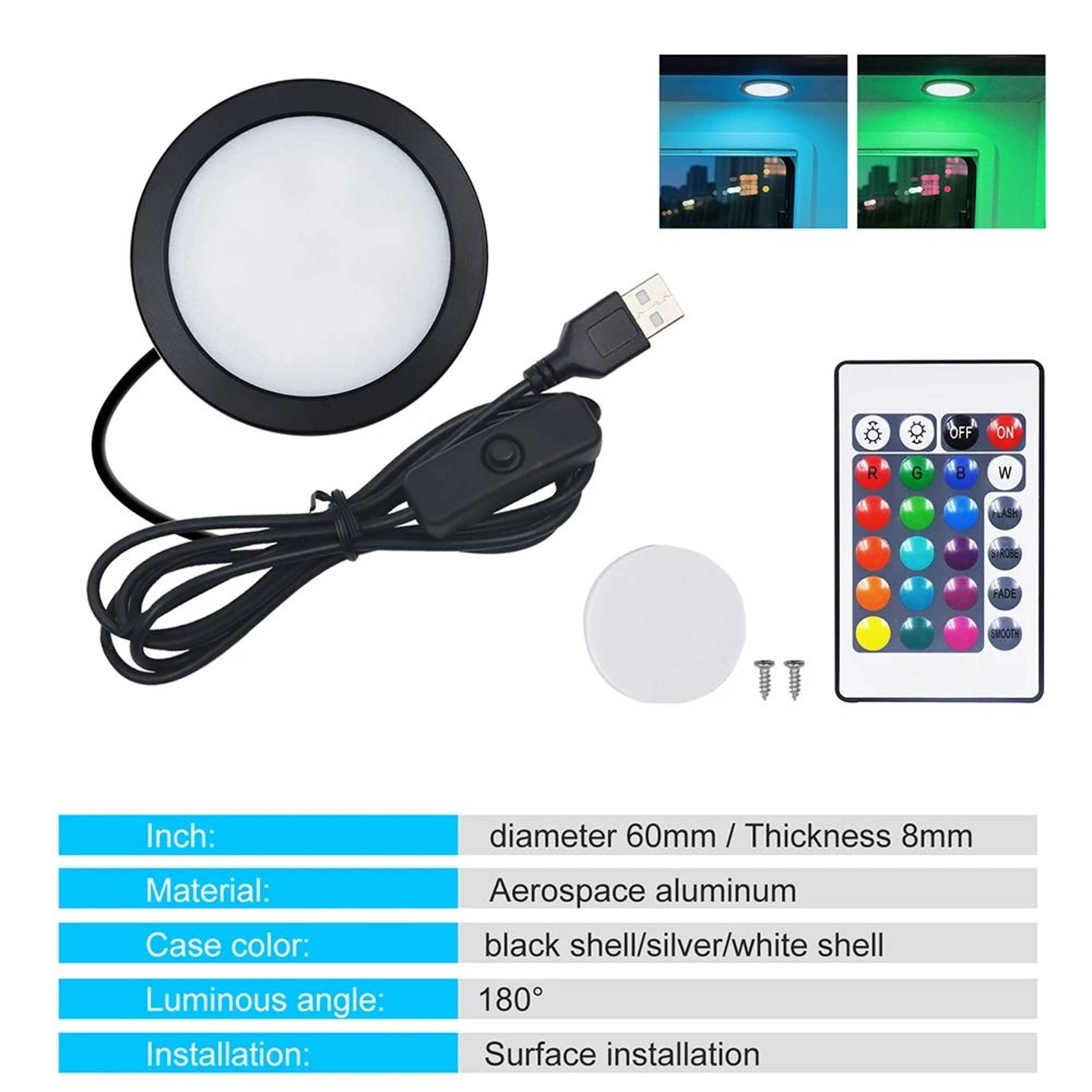 MultiPack 5V RGB LED Puck Cabinet Lights With 24Key Remote  USB Kit 6