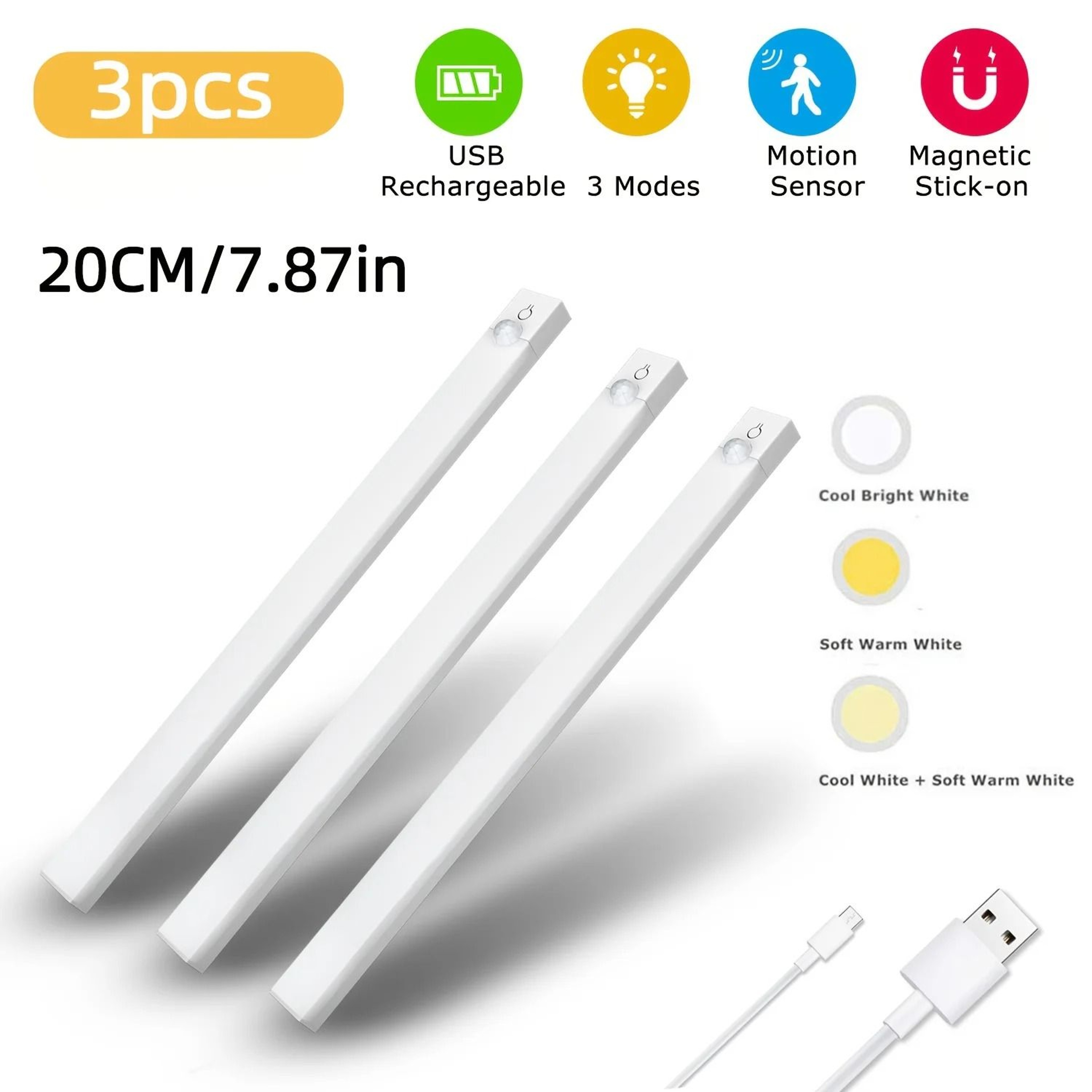 3Pack Dimmable Motion Sensor LED Cabinet Lights 3 Color Modes USB Rechargeable 2
