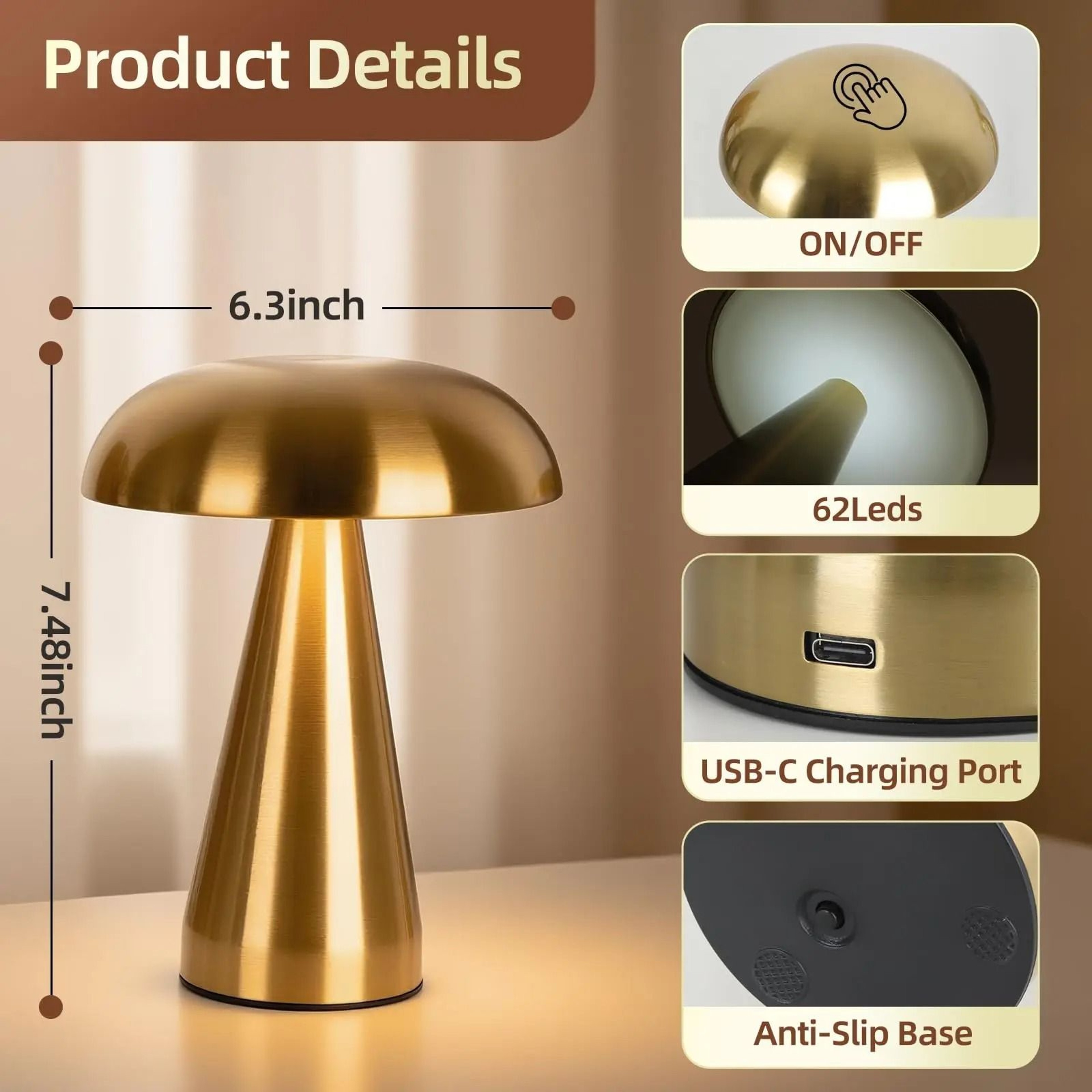 Retro Rechargeable Mushroom LED Table Lamp With Touch Sensor 5