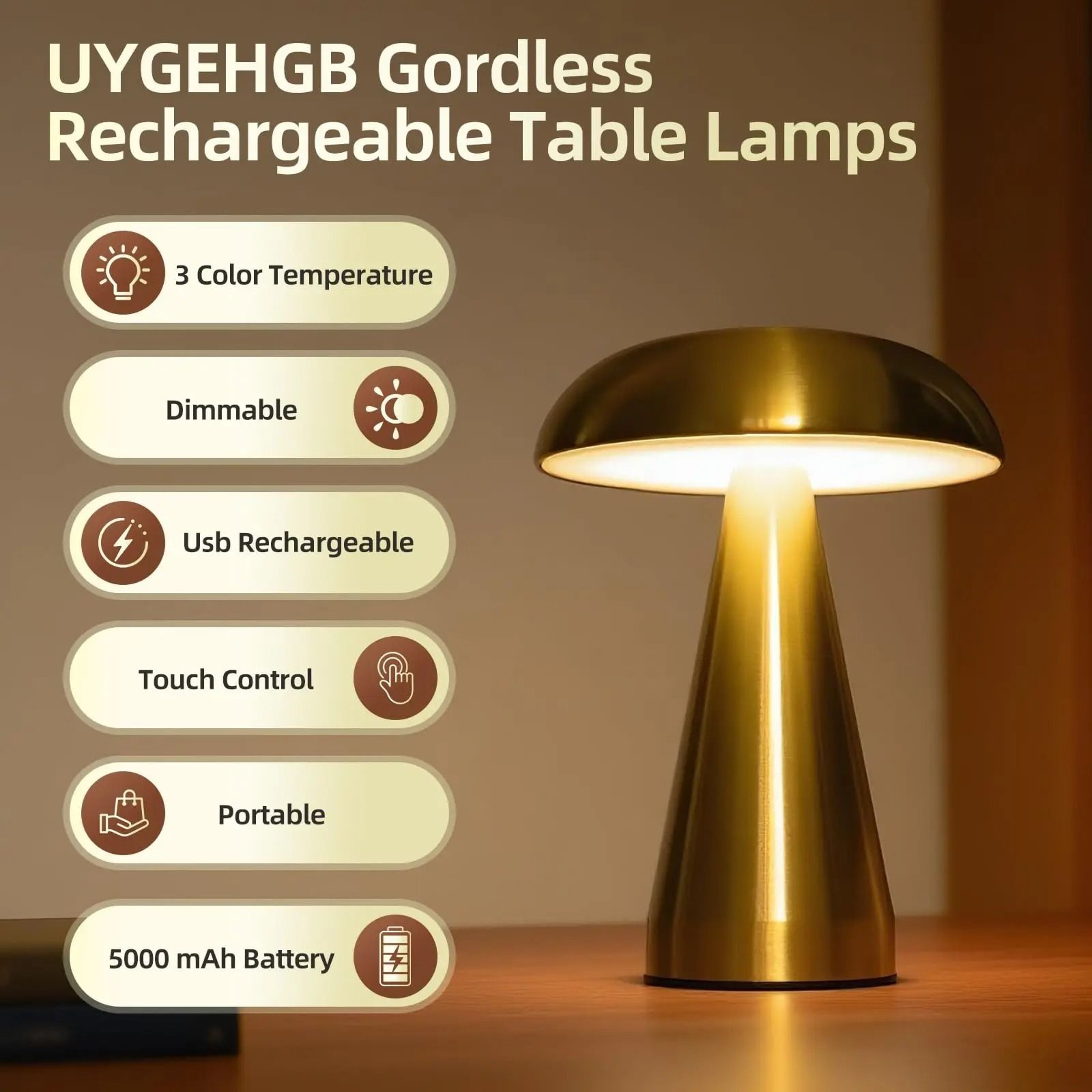 Retro Rechargeable Mushroom LED Table Lamp With Touch Sensor 0