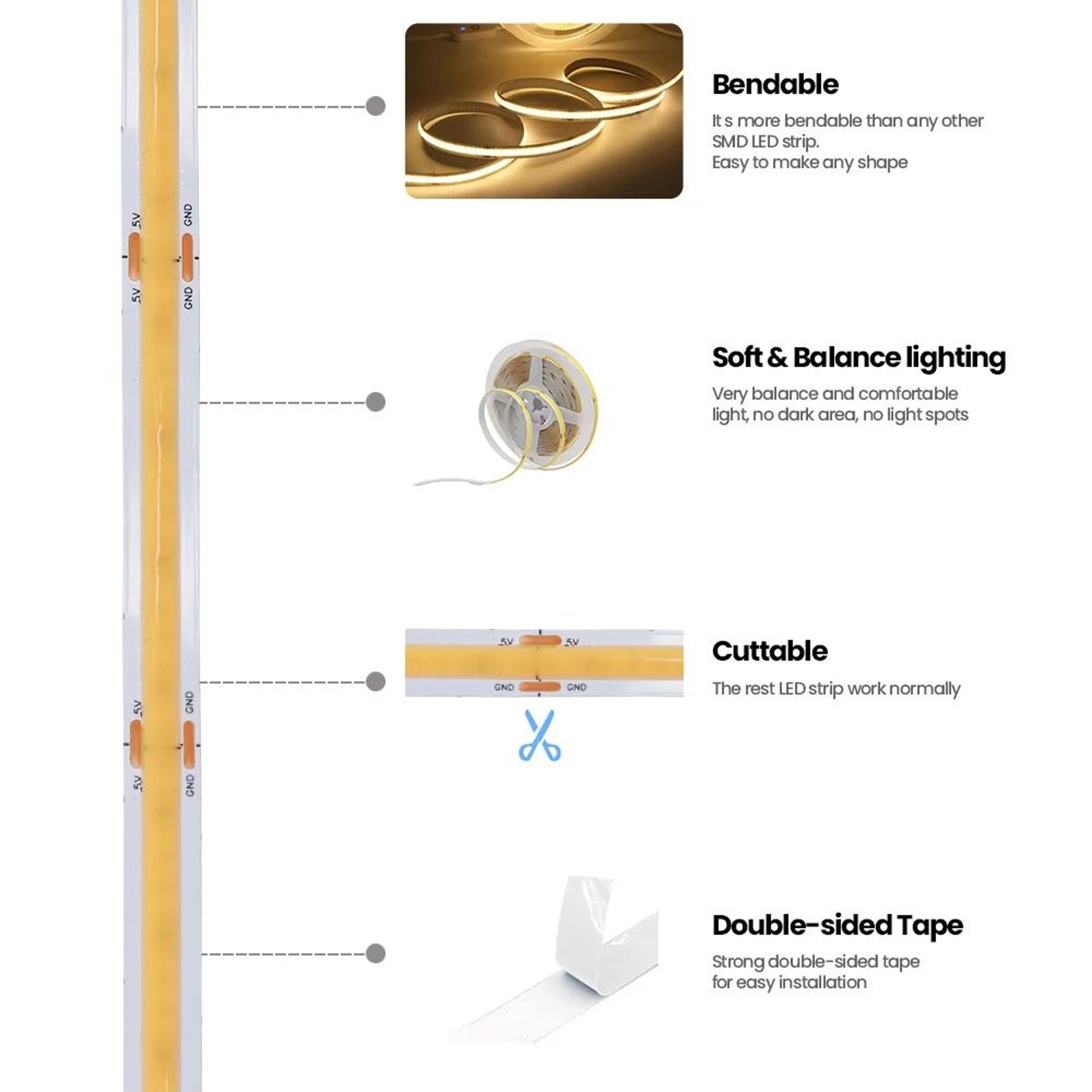 DC 5V USB COB LED Strip Light HighDensity 320 LEDsm Flexible Ribbon Tape 4