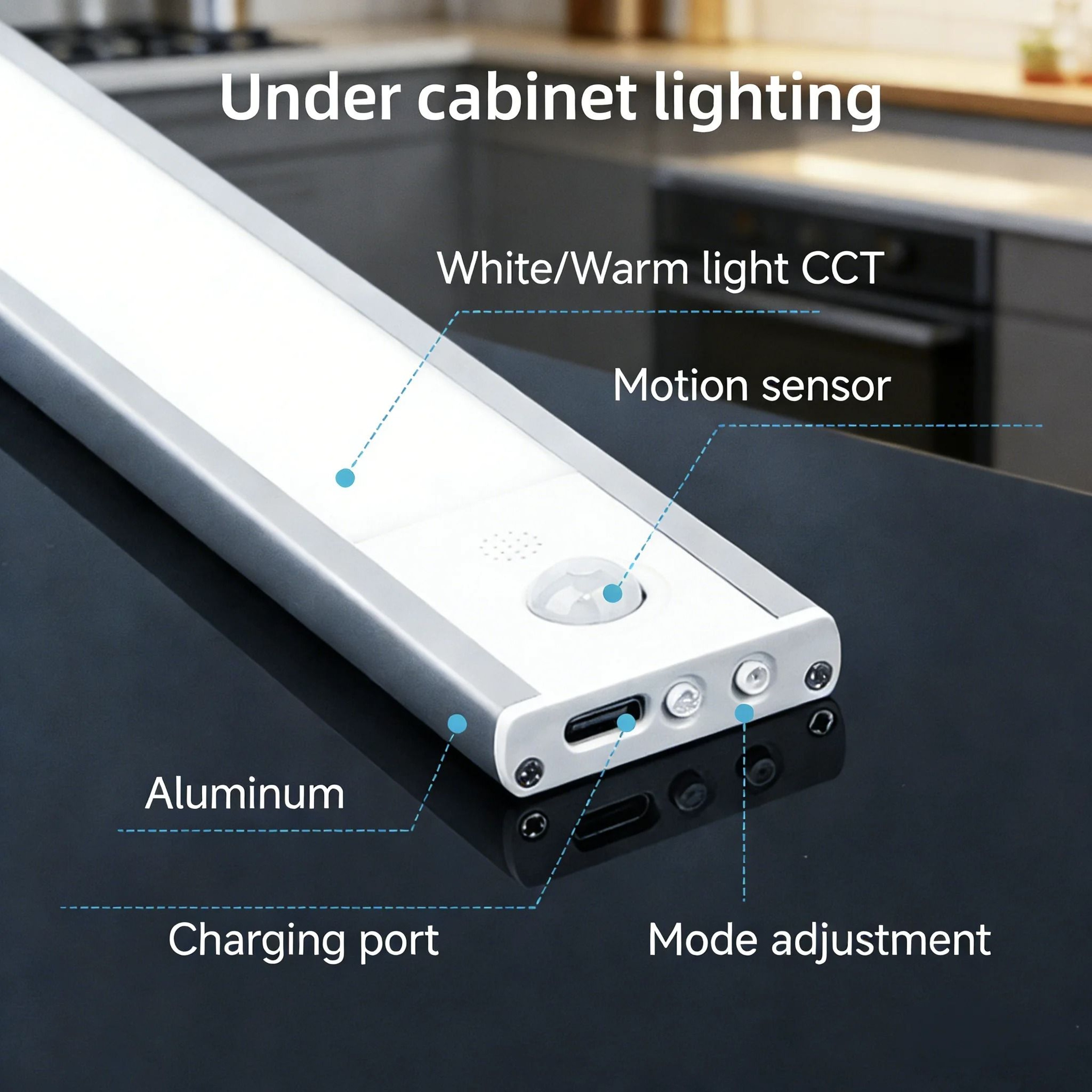 Wireless Motion Sensor Under Cabinet LED Light 3 Colors Dimmable  USB Rechargeable Magnetic Bar 2