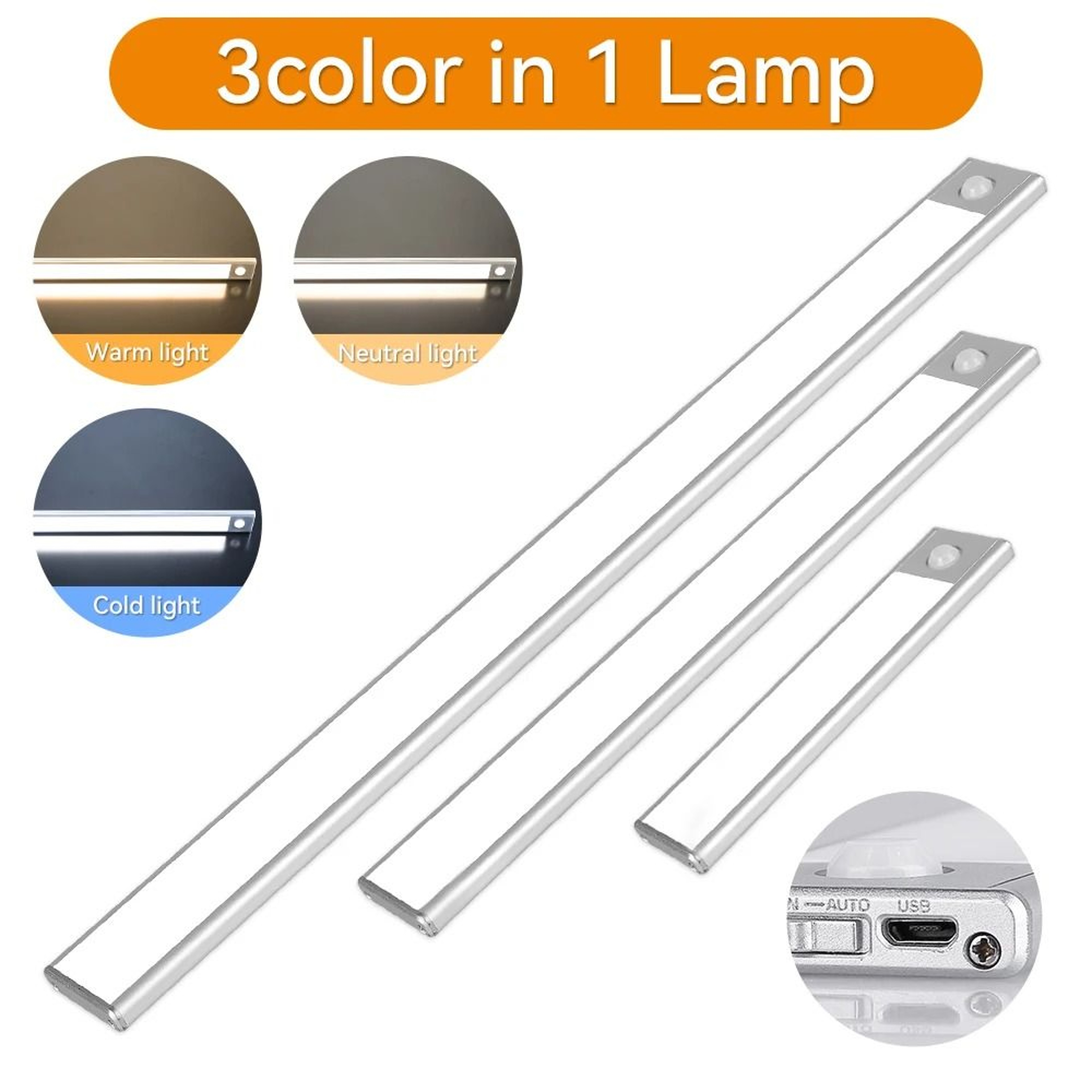 Wireless Motion Sensor Under Cabinet LED Light 3 Colors Dimmable  USB Rechargeable Magnetic Bar 7