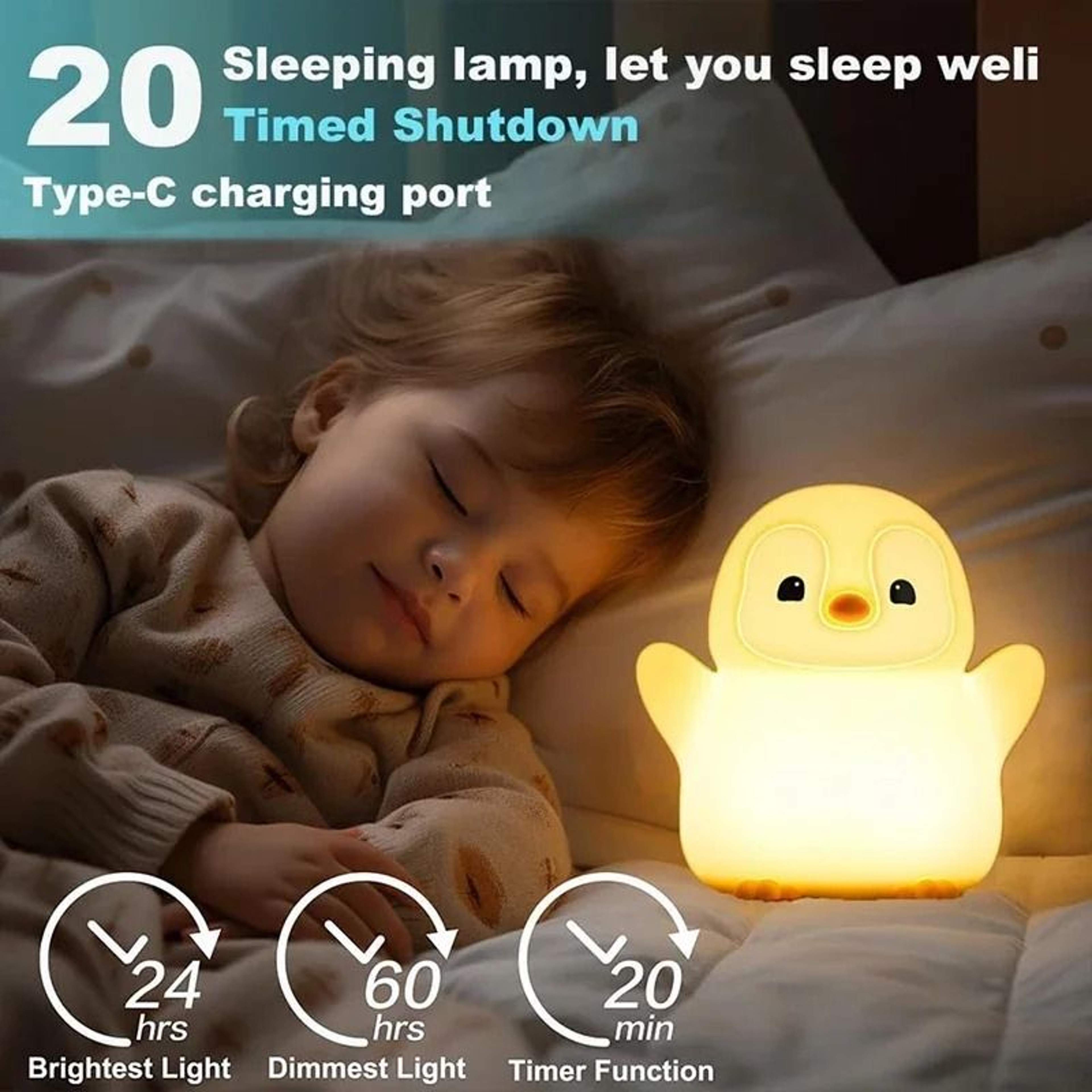 Cute Penguin Squishy Silicone Night Light USB Rechargeable Nursery Lamp With Dimming  Timer 4
