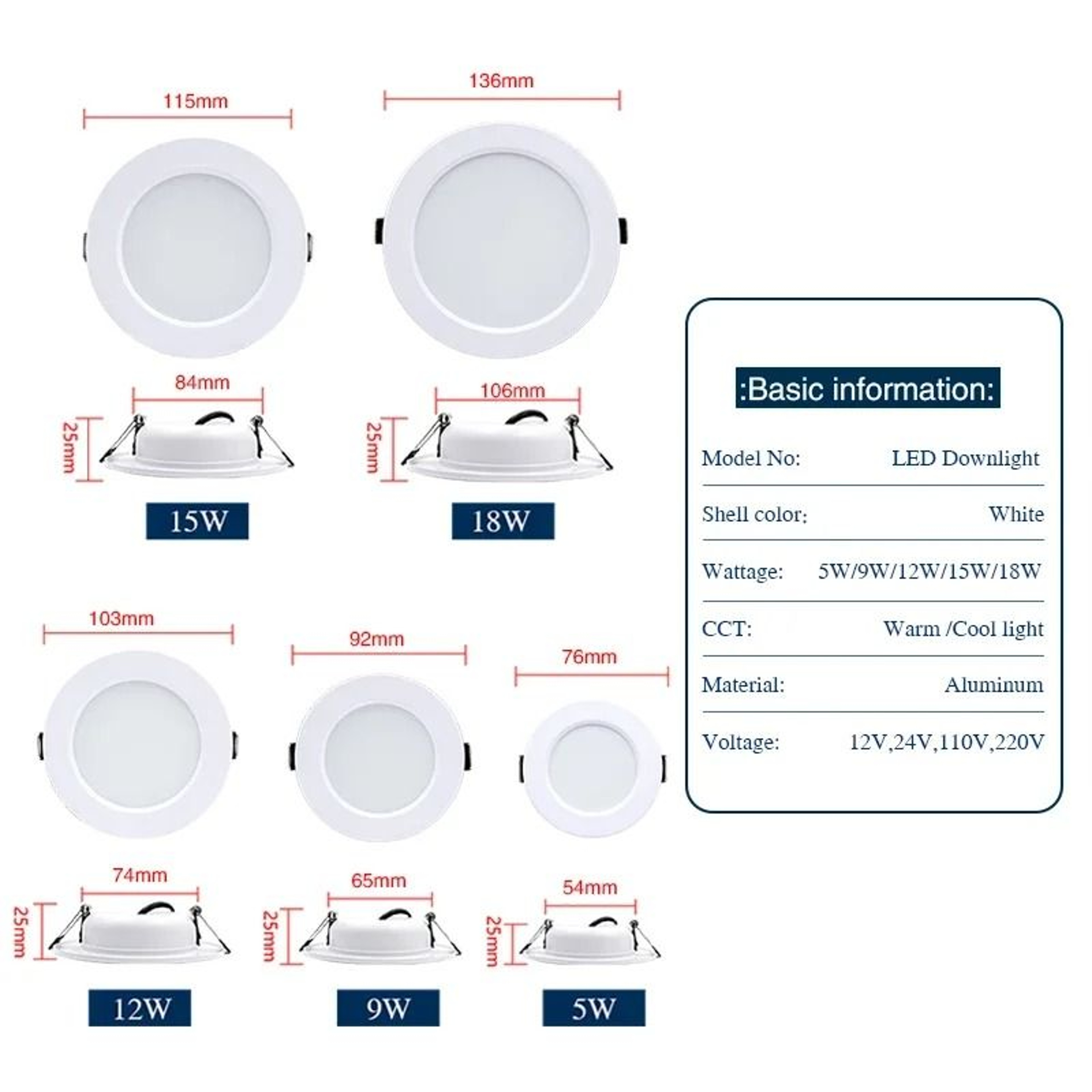 6Piece Recessed Round LED Downlight Set AC110V220VDC12V24V Ceiling Spotlight Pack 1